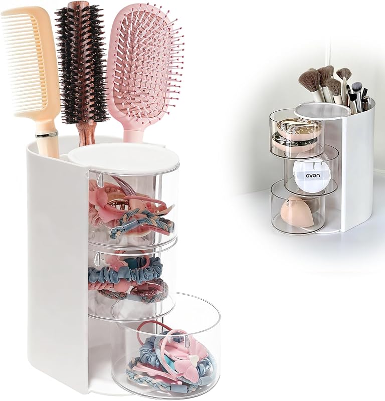 Organizador de acessórios para cabelo e pincéis, 3 níveis, giratório, plástico transparente, branco Wiojtry