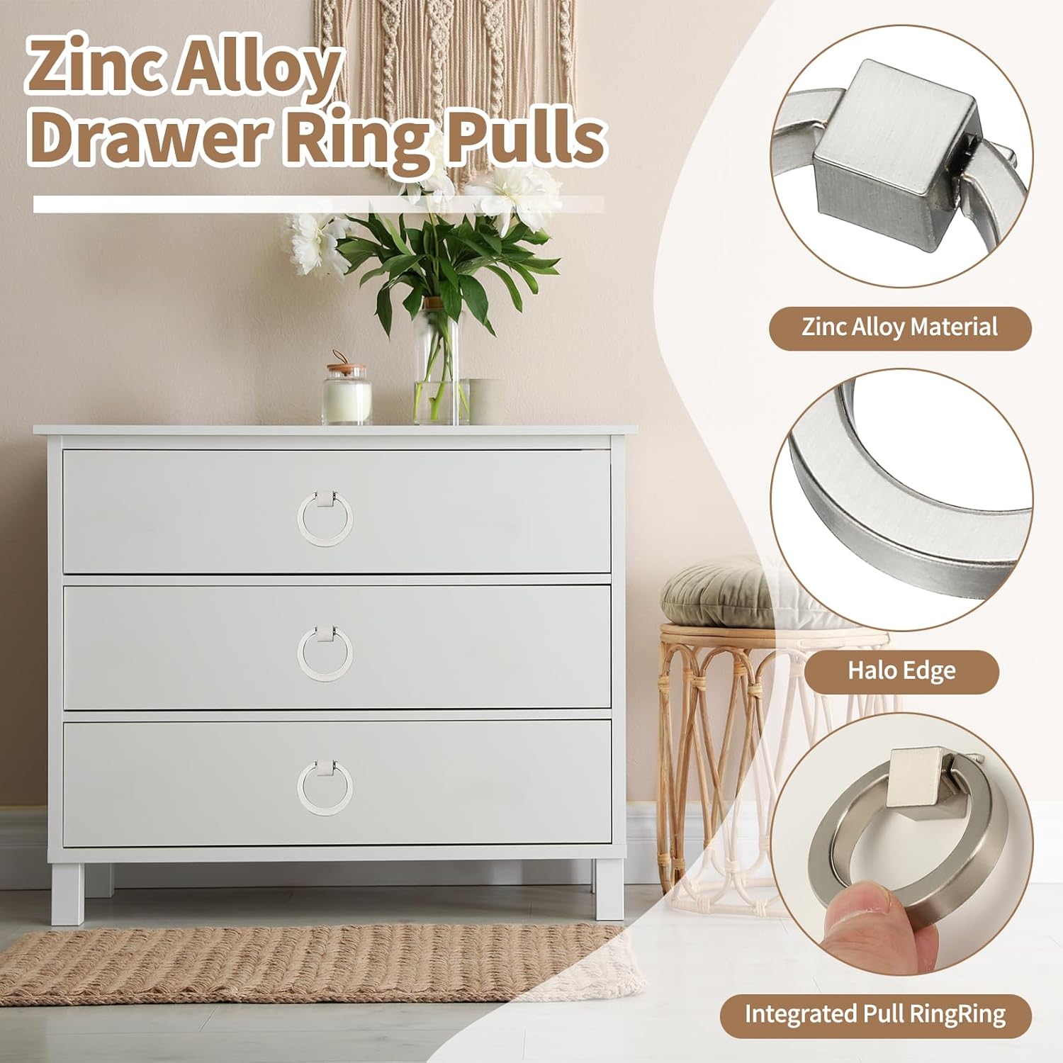 PATIKIL 6Pack Drawer Ring Pull Handles, 1.57" Zinc Alloy Hole Ring Cabinet Knobs with Screws for Cupboard Cabinet Drawer Dresser Closet Door, Brushed