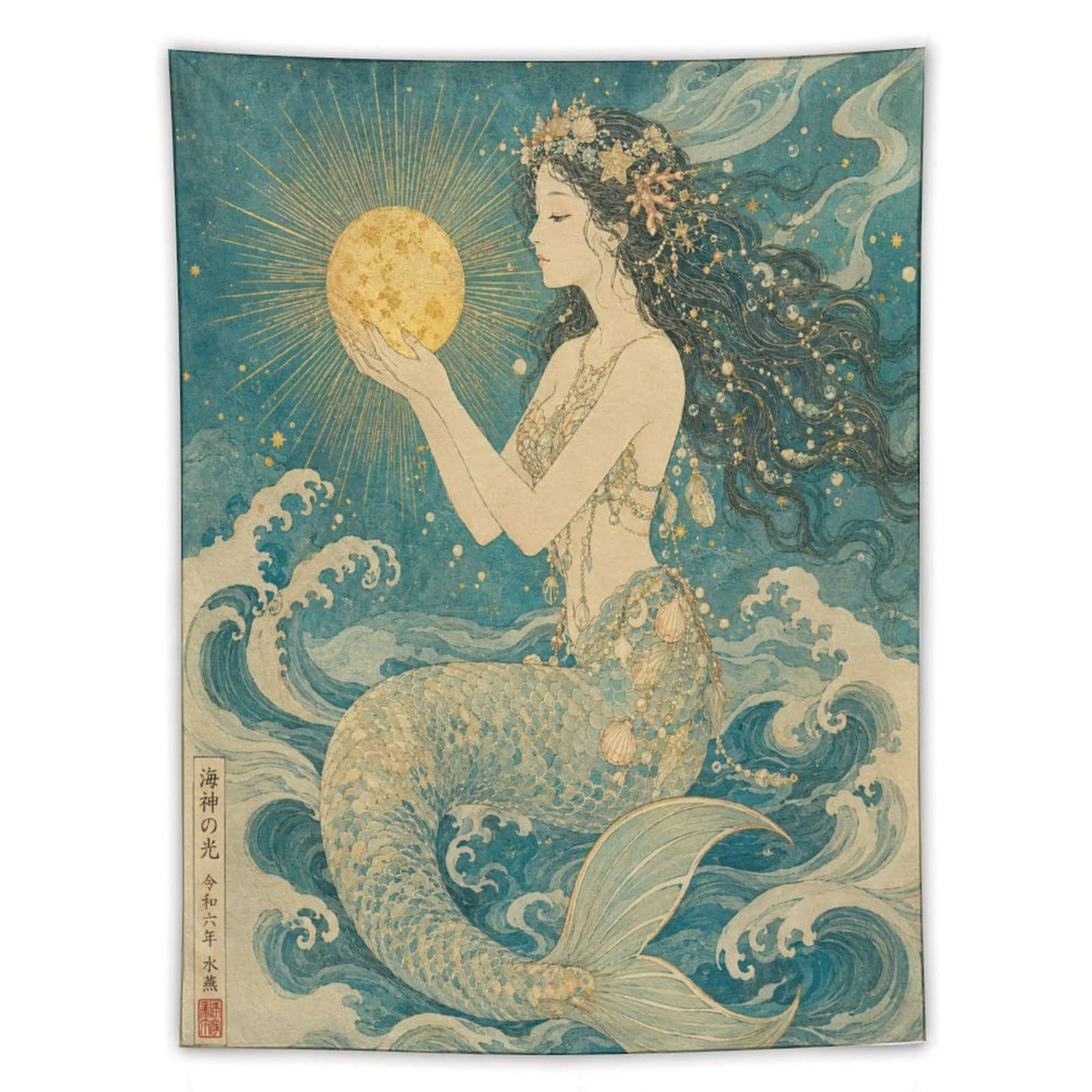 W7C8U2X3 Mermaid Holding Moon Wall Tapestry, Art Nouveau Style, Art Nouveau