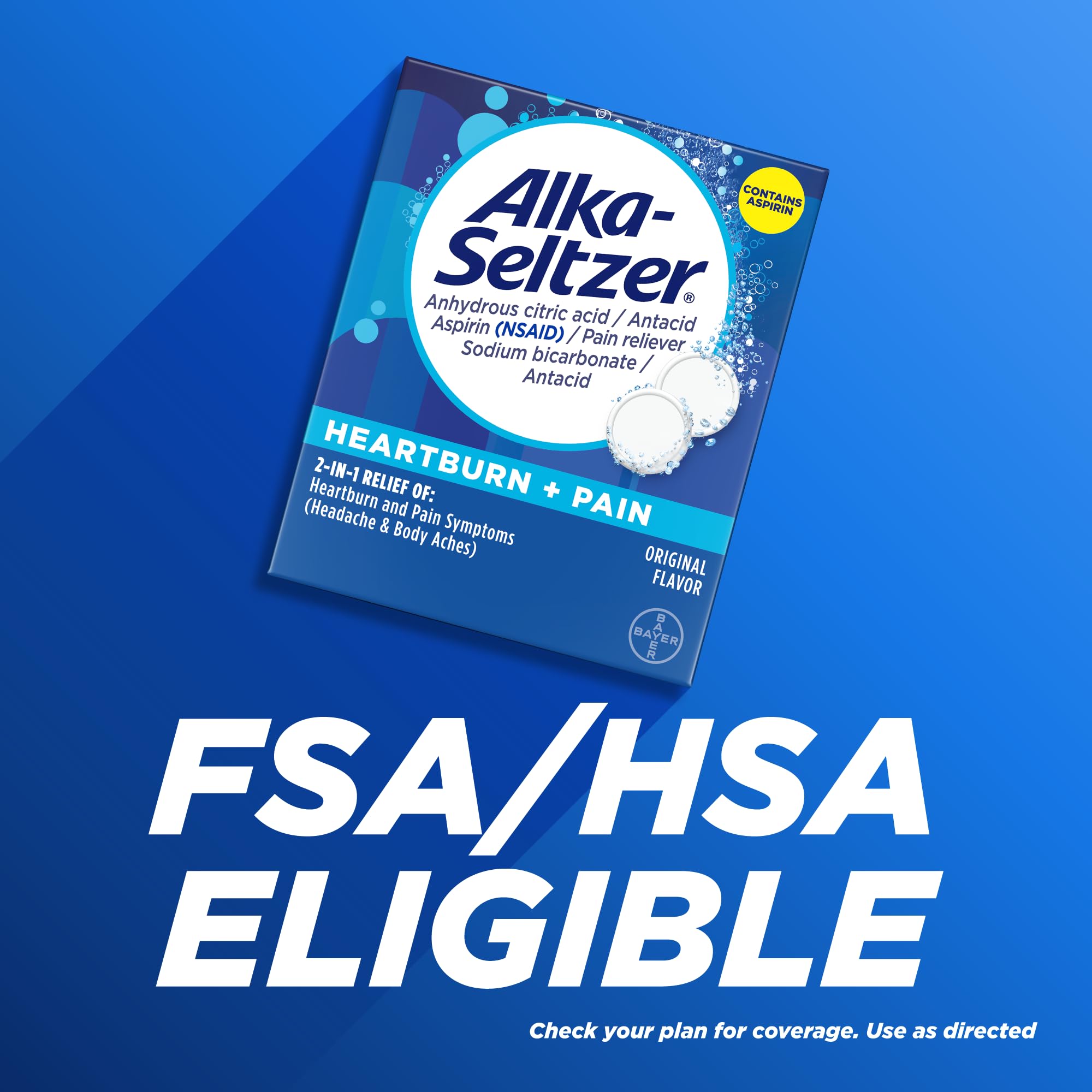 Alka-Seltzer Heartburn + Pain Effervescent Aspirin + Antacid Tablets, 72 ct — Amazon image 9
