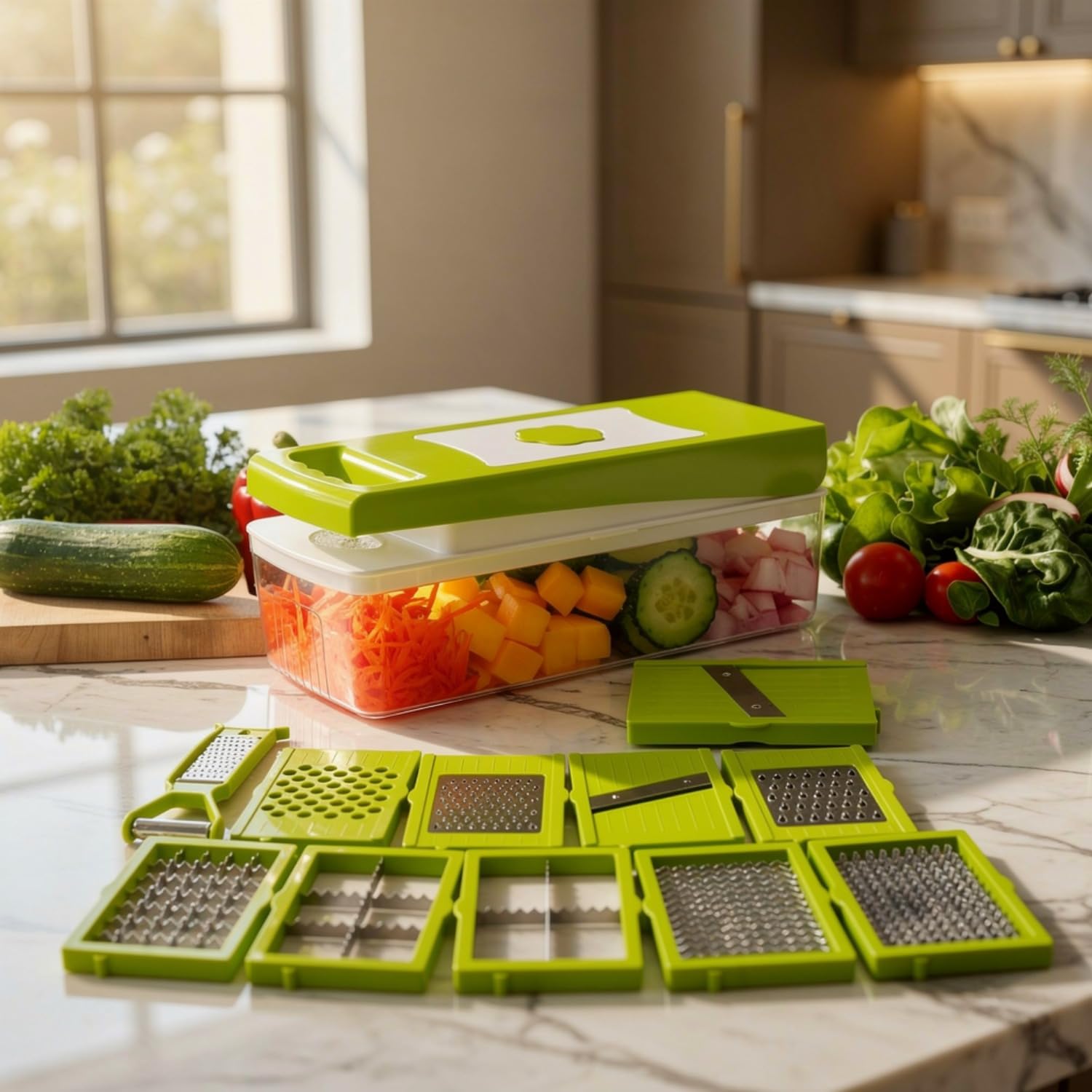 12-in-1 Vegetable Chopper & Slicer | Multipurpose Fruits & Vegetable Cutter, Grater, Peeler & Dicer | Unbreakable Food-Grade Body with Easy Push-to-Clean Button (Green)