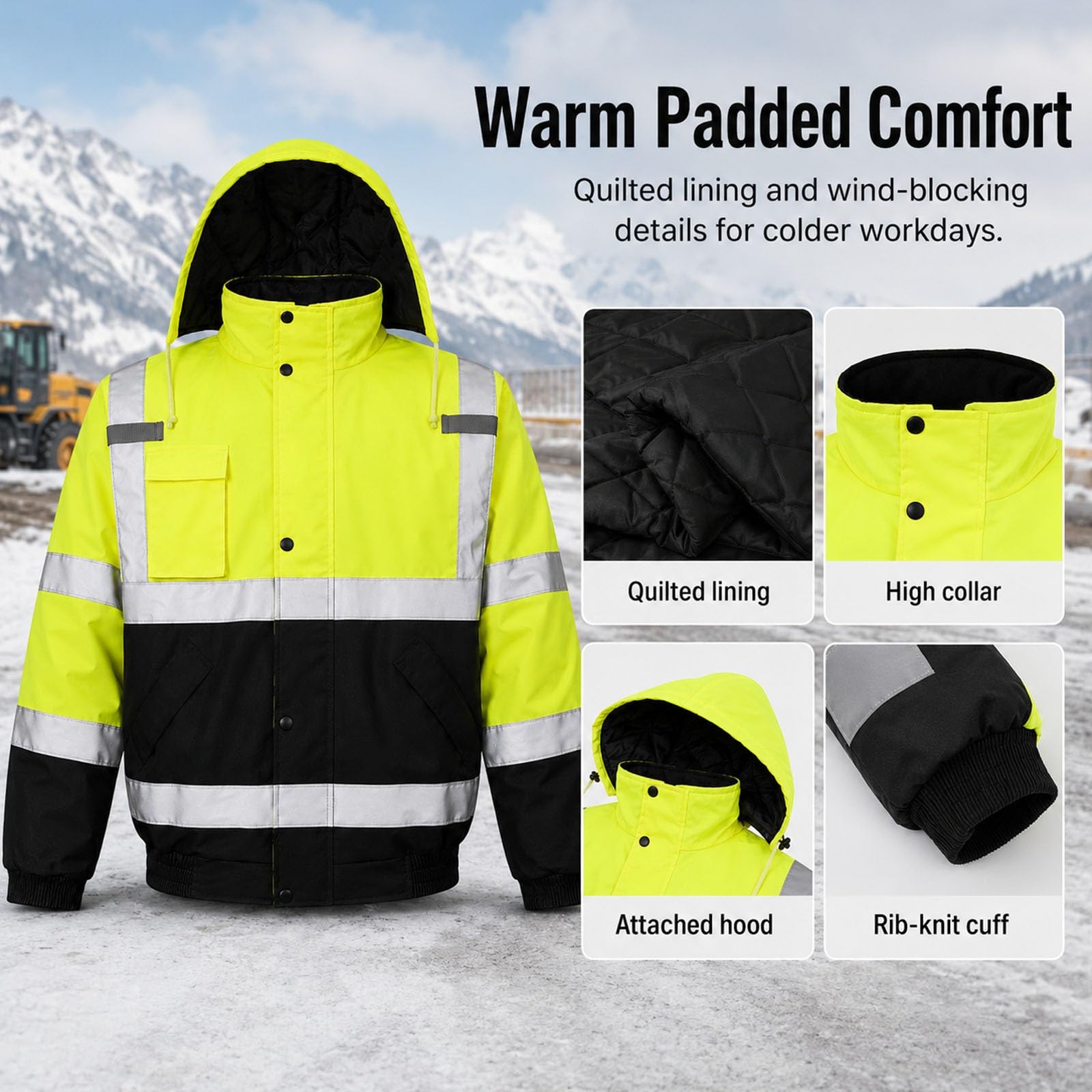 Chaqueta Alta Visibilidad Invierno Hombre, Chaqueta De Trabajo Reflectante | Forro Grueso De Algodón, Cuello Alto Cortavientos, Diseño Con Capucha, Cierre De Cremallera Suave(S)