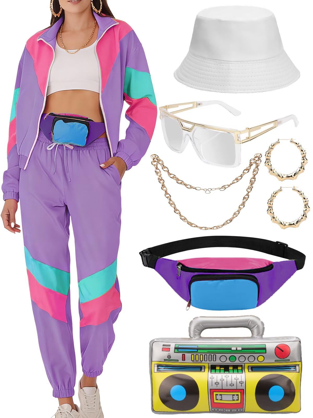 VillbeCoser 80s 90s Outfit for Women Neon Tracksuit Costume Accessories Set