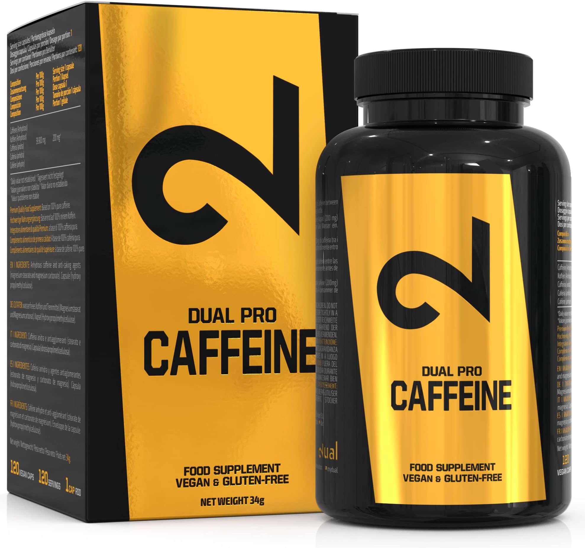 DUAL Pro Caffeine | 100% Pure Caffeine | 120 Vegan Capsules | Laboratory Certified | Caffeine Capsules | High-dose | Without Additional Additives, Vegan & Gluten Free | 4 Months Supply | Made in EU