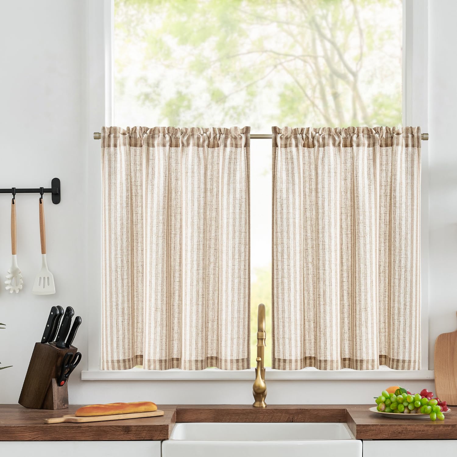TOPICK Kitchen Curtains 24 Inch Drop with Taupe Stripe, Light Filtering Small Cafe Curtains, Linen Look Rod Pocket Half Curtain 2 Panels for Bedroom, Bathroom, Cupboard Base, Sink, W36 x L24 Inch