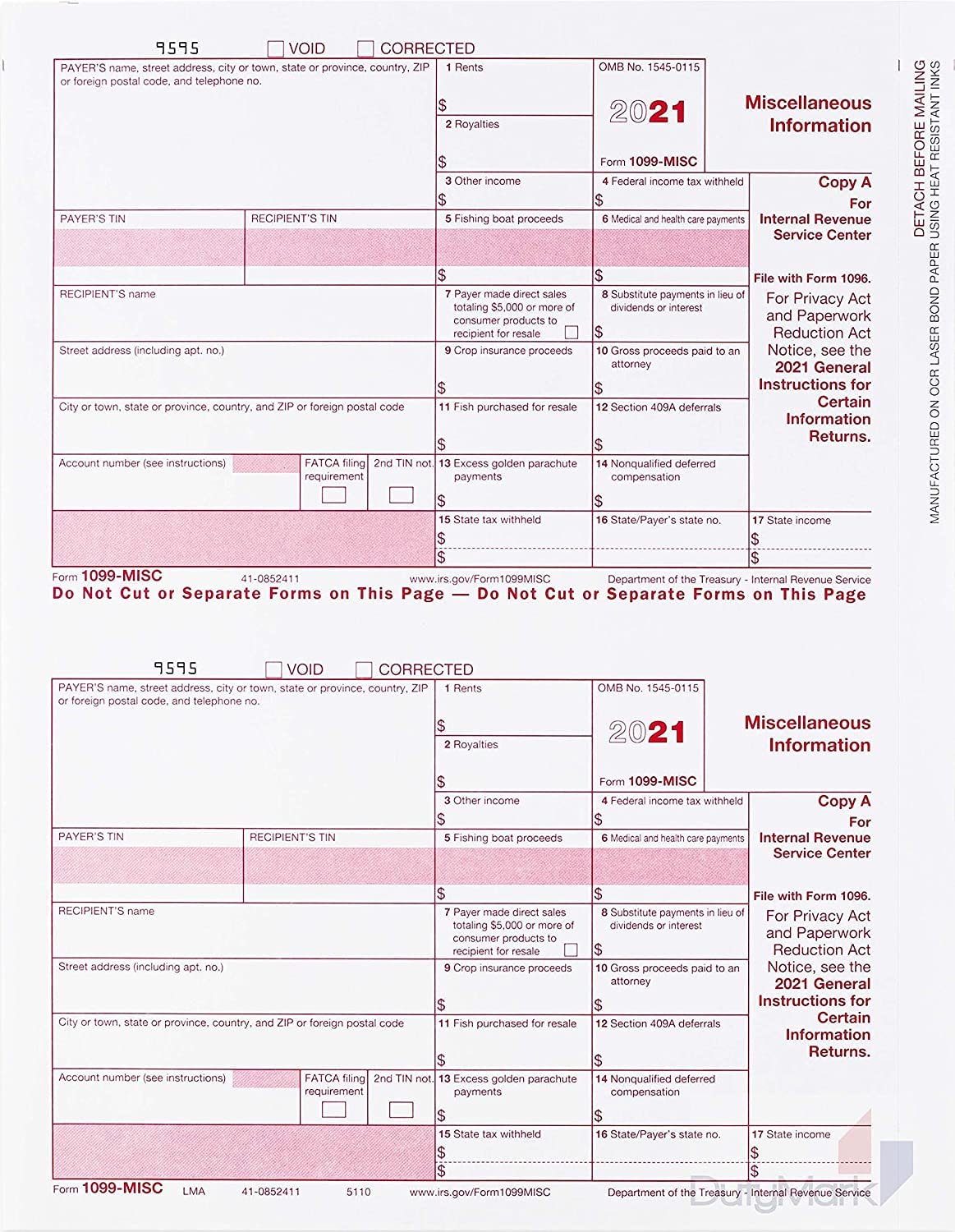 Amazon.com : 1099 MISC Form Copy A 2021 Federal Income Laser Form - Pack of  25 Tax recipients : Office Products