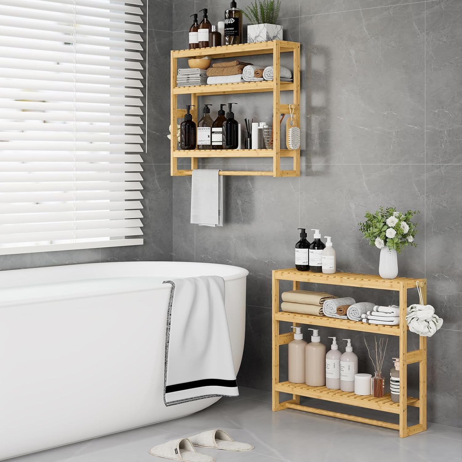 RRX Bathroom Shelf Storage Organizer, Bathroom Shelf 3-Tier Adjustable Layer Bamboo Organizer with Bar, Hanging, Freestanding Over Toilet Utility Shelves, Beige