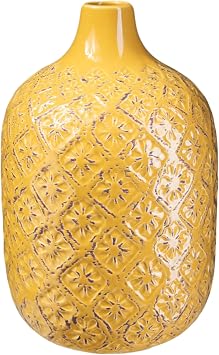 Ceramic Decorative Mustard Yellow vase, Decor Center Piece for Home Narrow Mouth and Distressed Diamond Patterned Design for Living Room, Table, Office decor 6.50"x6.50"x10.00"H