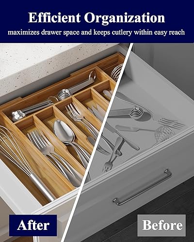 Miniatura 8 de Kitsure Organizador de cubiertos  Organizador de cajones de cocina de bambú expandible para utensilios de cocina y cubiertos, organizadores de
