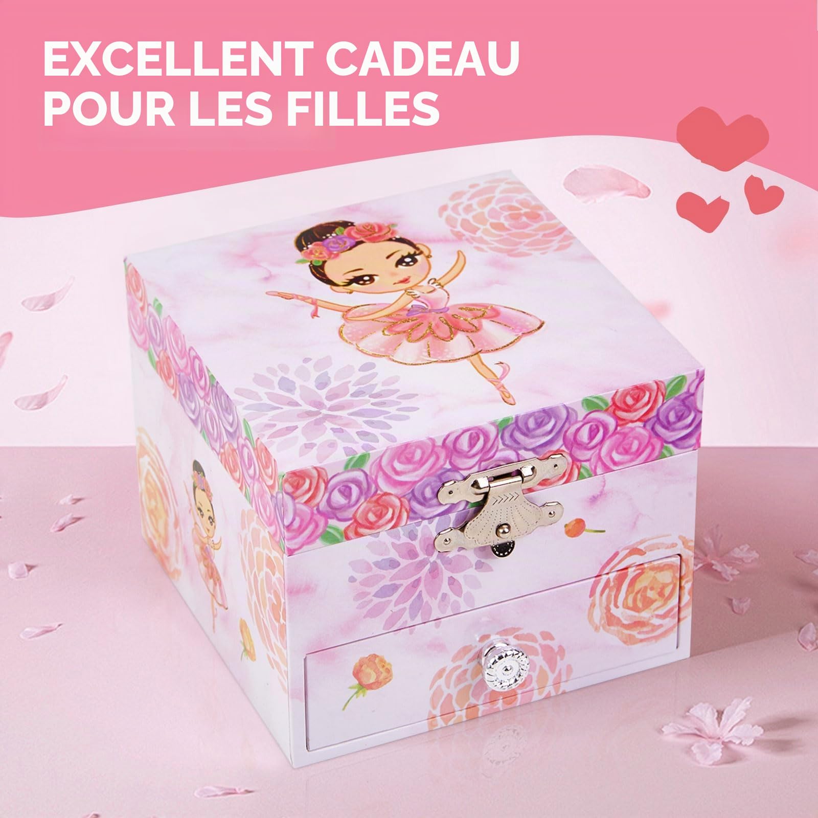 Boîte à bijoux musicale pour filles avec tiroir coulissant et ballerine rotative, jolie boîte à musique pour enfants, choix de cadeau pour les petites filles âgées de 3 à 12 ans
