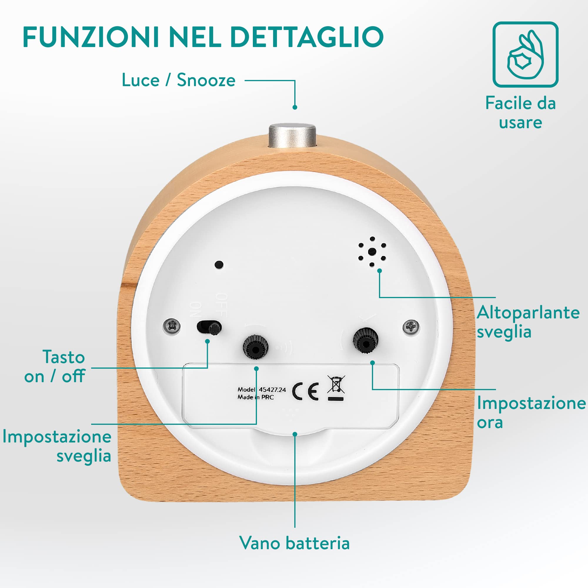 Navaris Orologio Sveglia da Comodino Analogica - Sveglia Analogica Silenziosa in Legno - Orologio da Tavolo Analogico Vintage - Sveglietta Comodino Meccanica con Funzione Snooze - Marrone Chiaro
