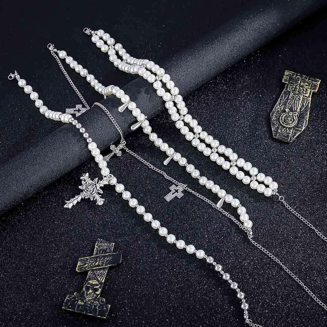Uranian Layered Pearl Necklaces Gothic Pearl Cross Necklace Silver Stacked Necklace Y2K Pearls Jewelry for Women - Image 3