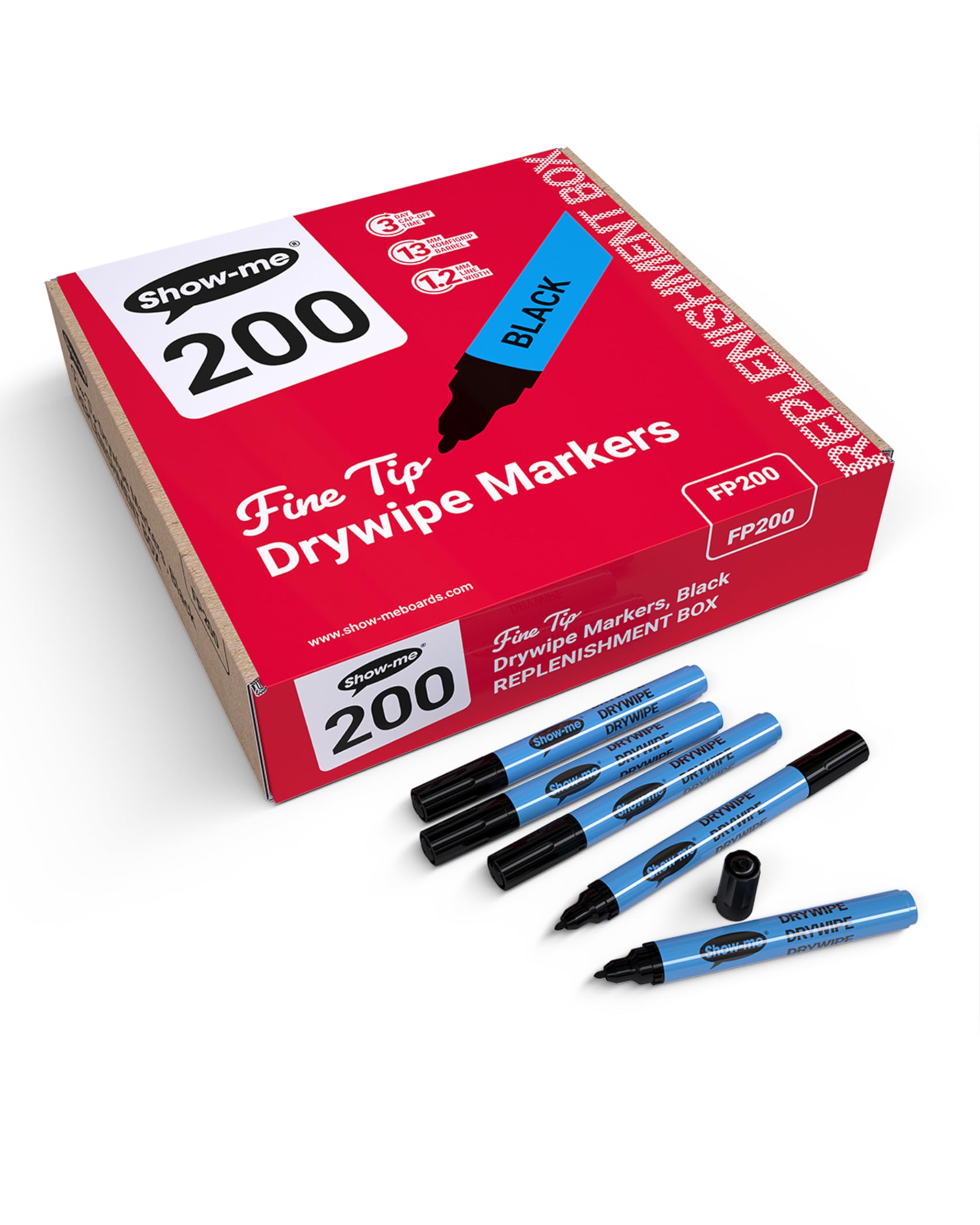 Show-me Drywipe Marker Fine Tip Slim Barrel Black (Pack 200) - FP200