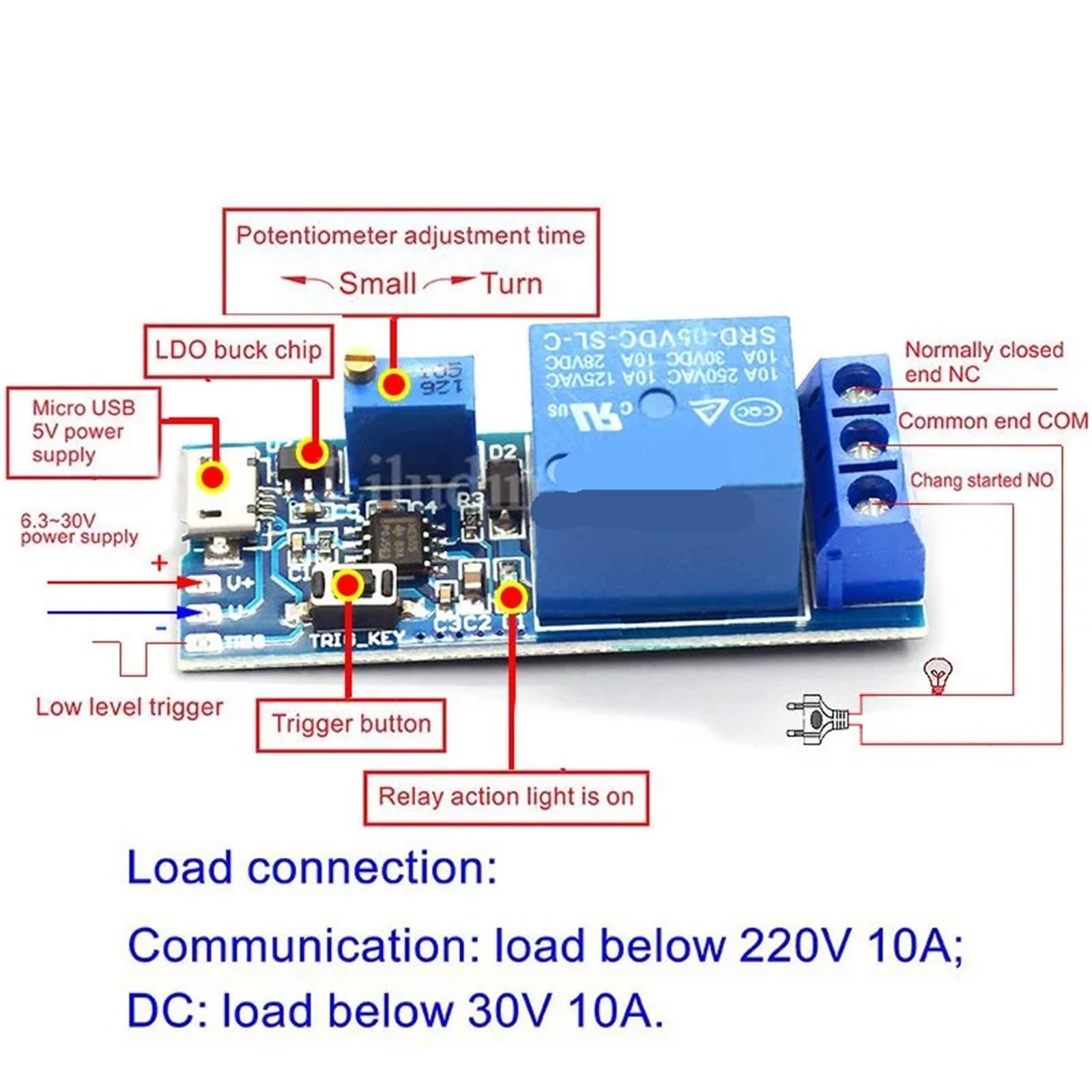Regulowany przekaźnik opóźnienia 5 V do 30 V Micro USB Moduł sterujący timera do inteligentnej elektroniki, przełącznik opóźnienia aktywacji (5 sztuk)