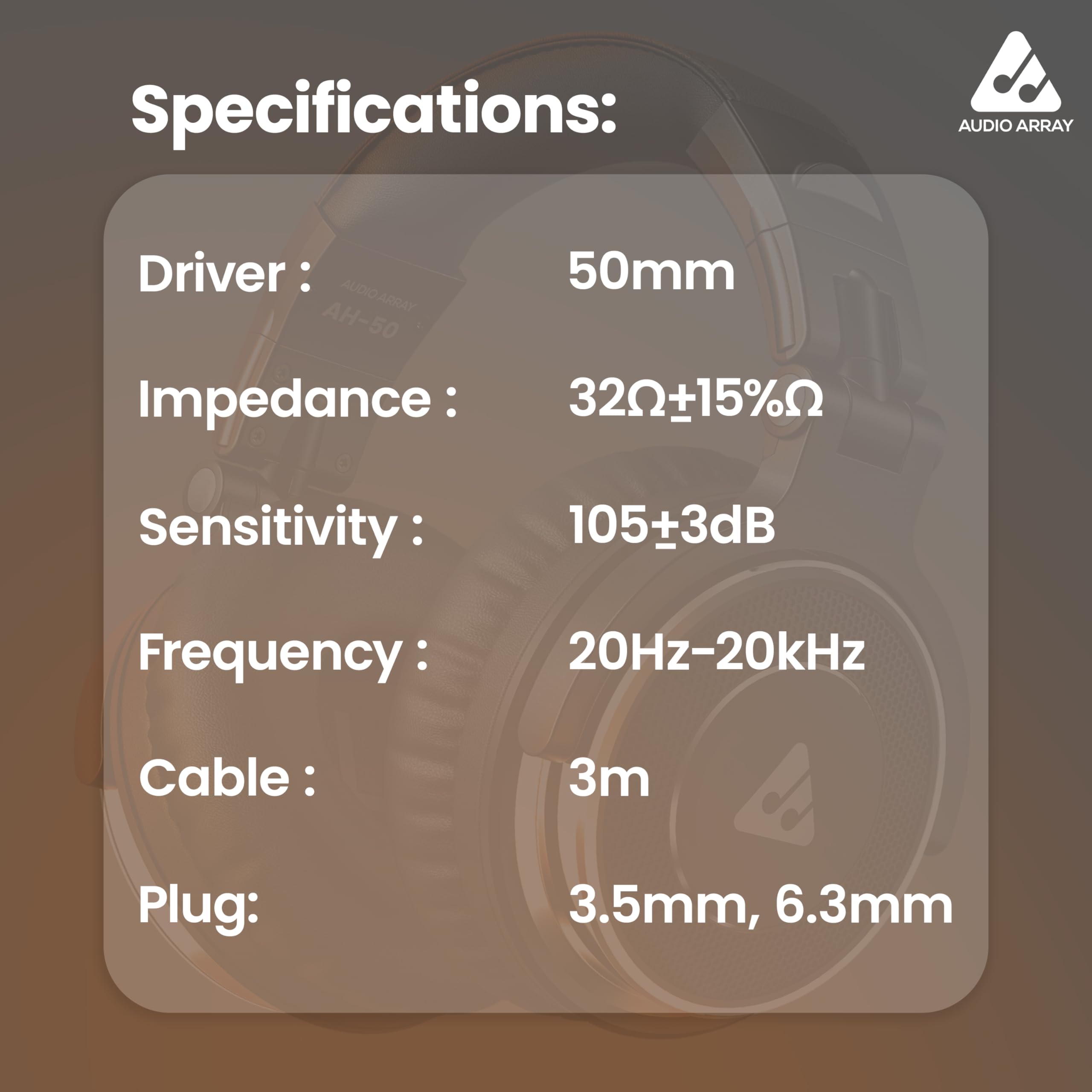 Audio Array AH-50 Profesjonalne słuchawki monitorujące DJ 50 mm | technologia portu udostępniania | składane, lekkie | podwójne odłączane kable z mikrofonem i kontrolami | dla DJ-ów, nagrywania