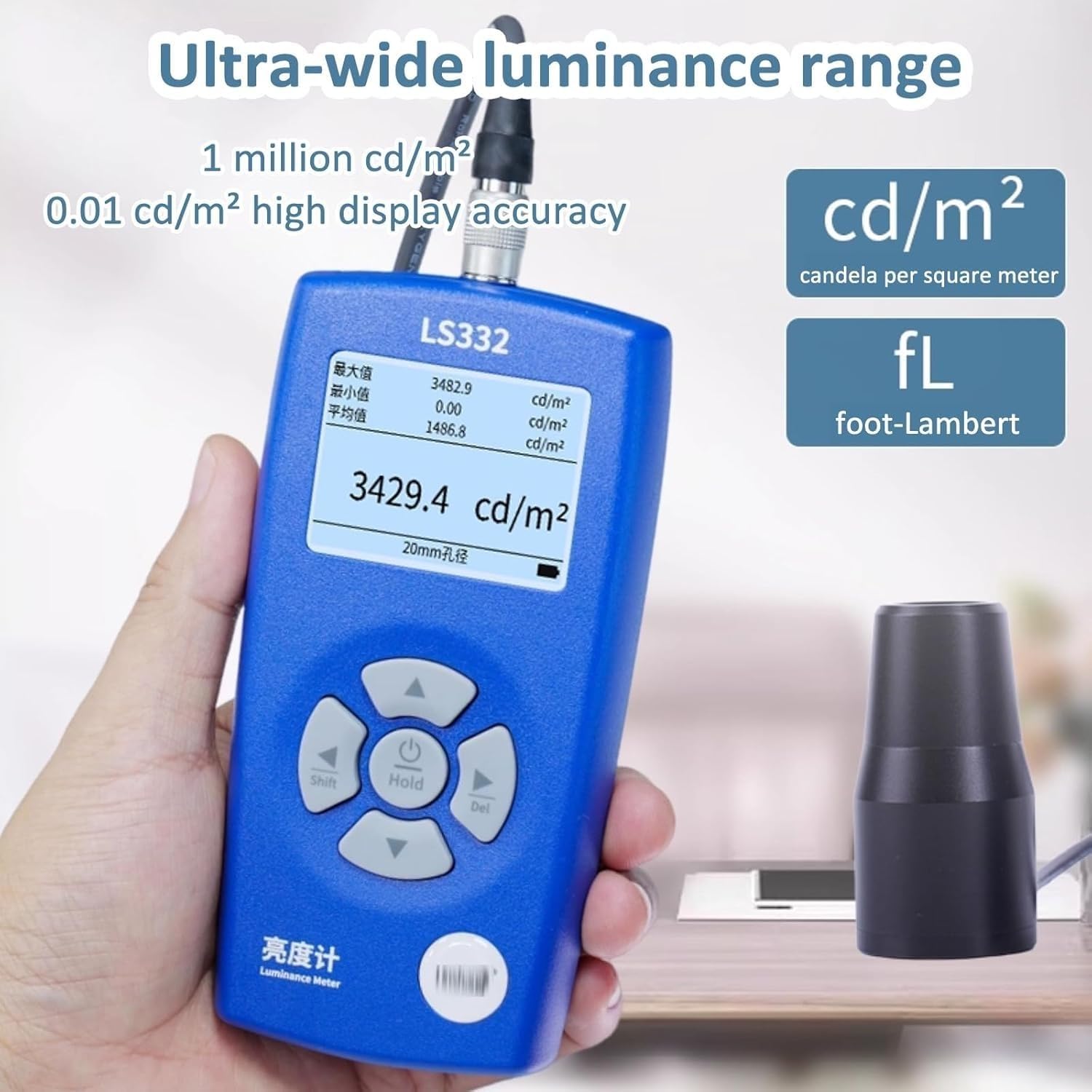 Cyfrowy miernik luminancji z sondami 10/20 mm, zakres 1–1 000 000 Cd/m², analiza widma, detekcja migotania, pomiar Cct/CRI