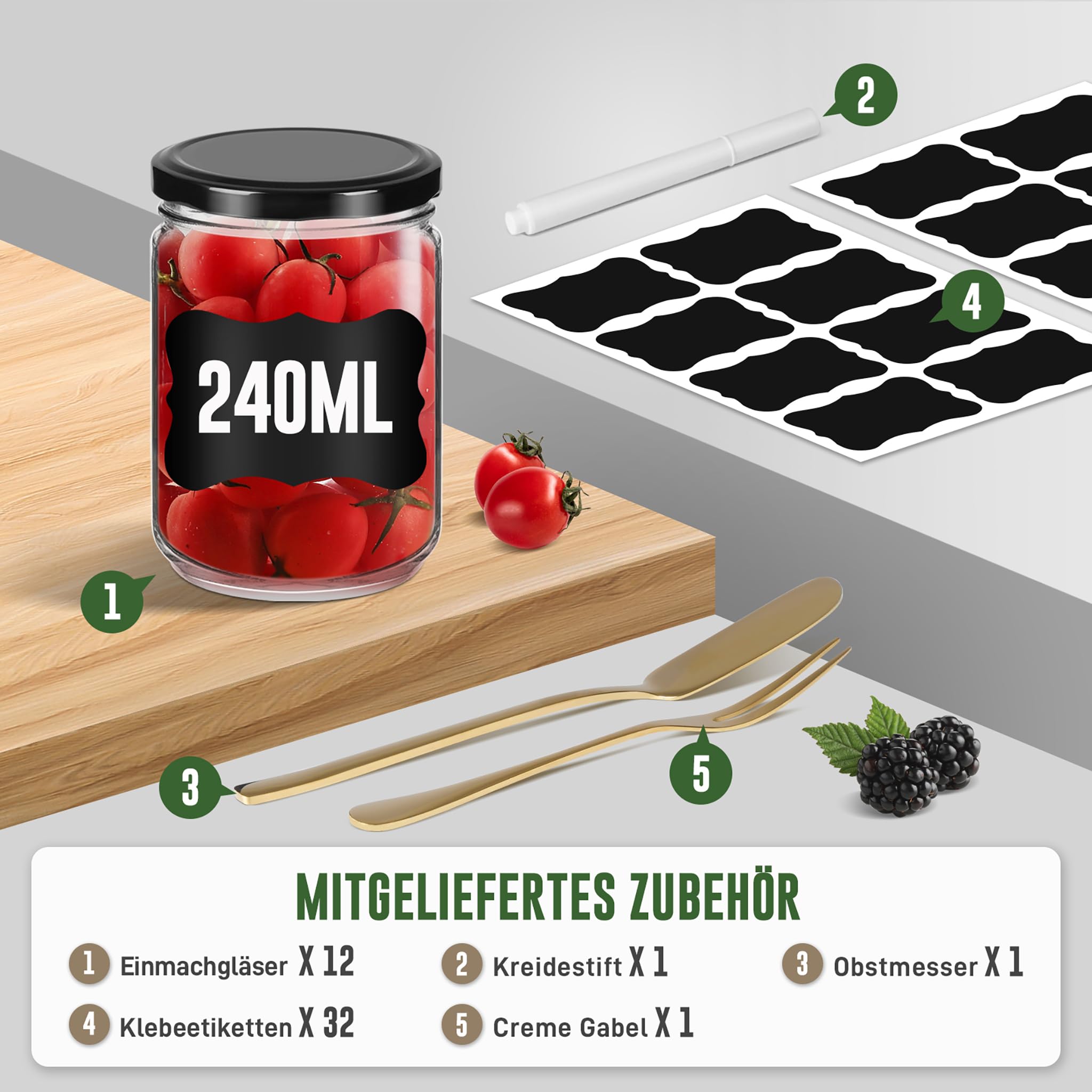 NAIZY Juego de 36 tarros de mermelada de 240 ml con tapa negra