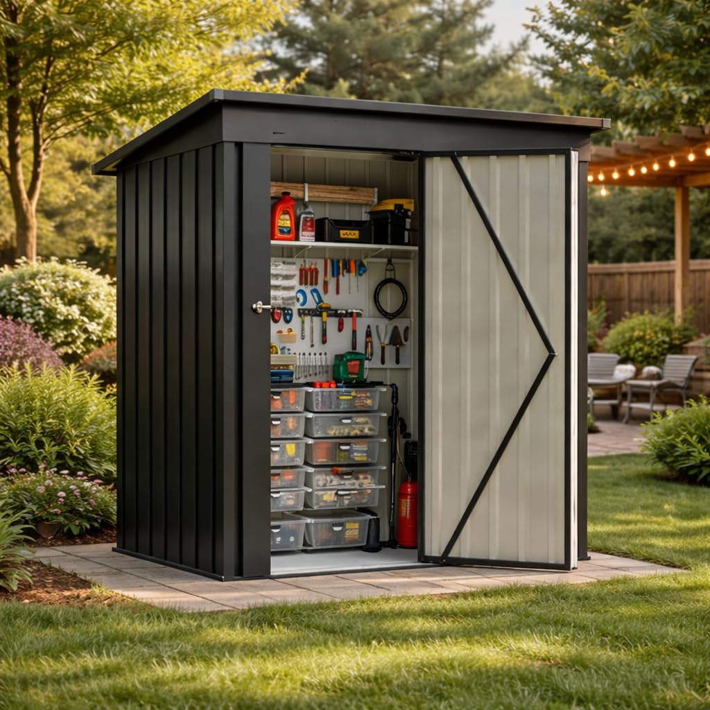 MNLR 5 X 3 FT Metal Outdoor Storage Shed, Waterproof Utility Garden Shed with Lockable Door, All-Weather Storage House for Bikes, Tools, Lawn Equipment, Patio and Backyard, Black