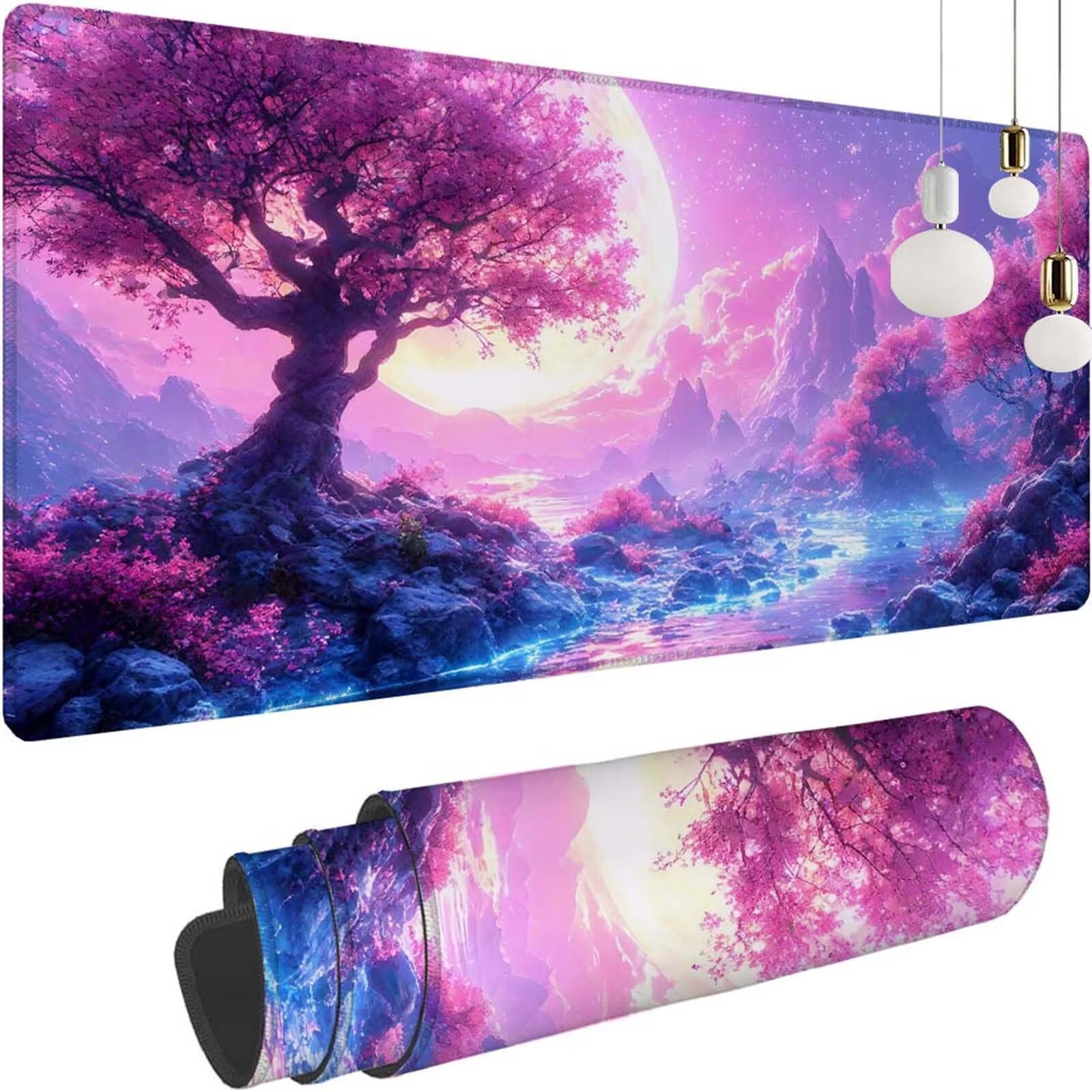 Alfombrilla Ratón Luna Árbol Alfombrilla Ratón XXL 1400x600x3mm Mouse Pad Resiste Salpicaduras, Extendida de Gran Tamaño con Bordes Cosidos, Mejora Precisión y Velocidad, Antideslizante,Duradera y-477