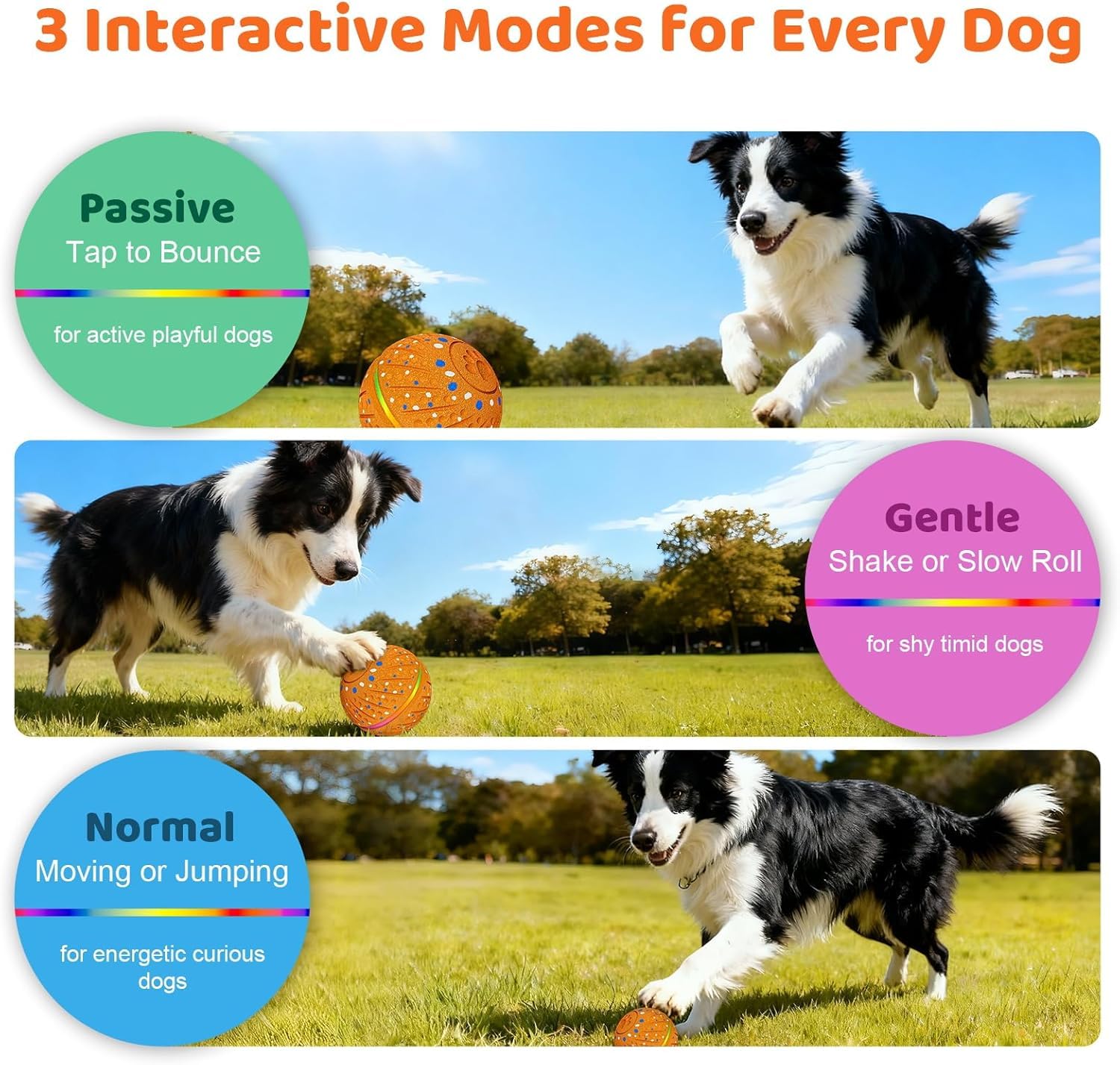 Pelota interactiva de juguetes para perros – Pelota inteligente para perros con luces coloridas, material E-TPU, 3 modos de juego, bolas rodantes automáticas, juguete para perros pequeños y medianos