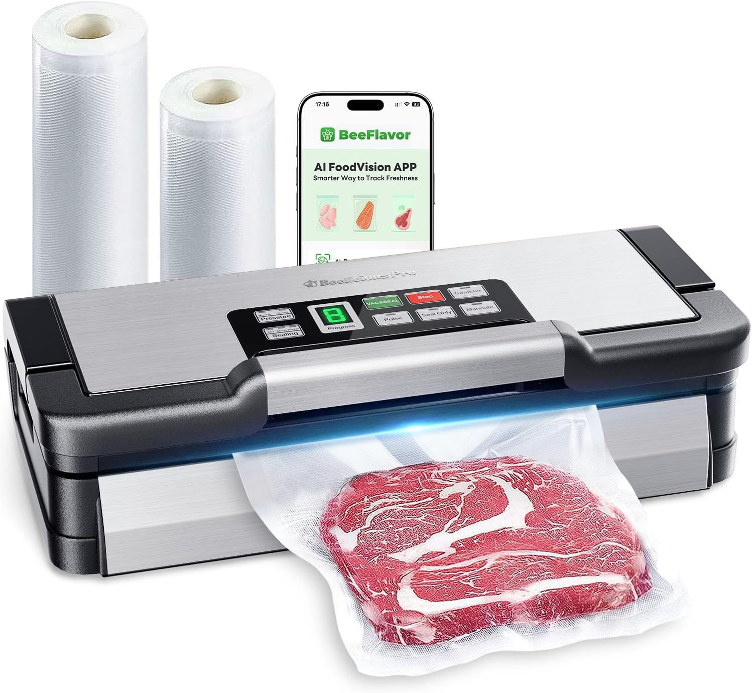 95kPa Vacuum Sealer Machine with AquaLock Technology, for Moist Seals, 2X Seal & 130W, Fully Automatic Food Sealer, Built-In Cutter, Bag Storage & Hose, Precision Sealing, 2 Bag Rolls,Stainless Steel