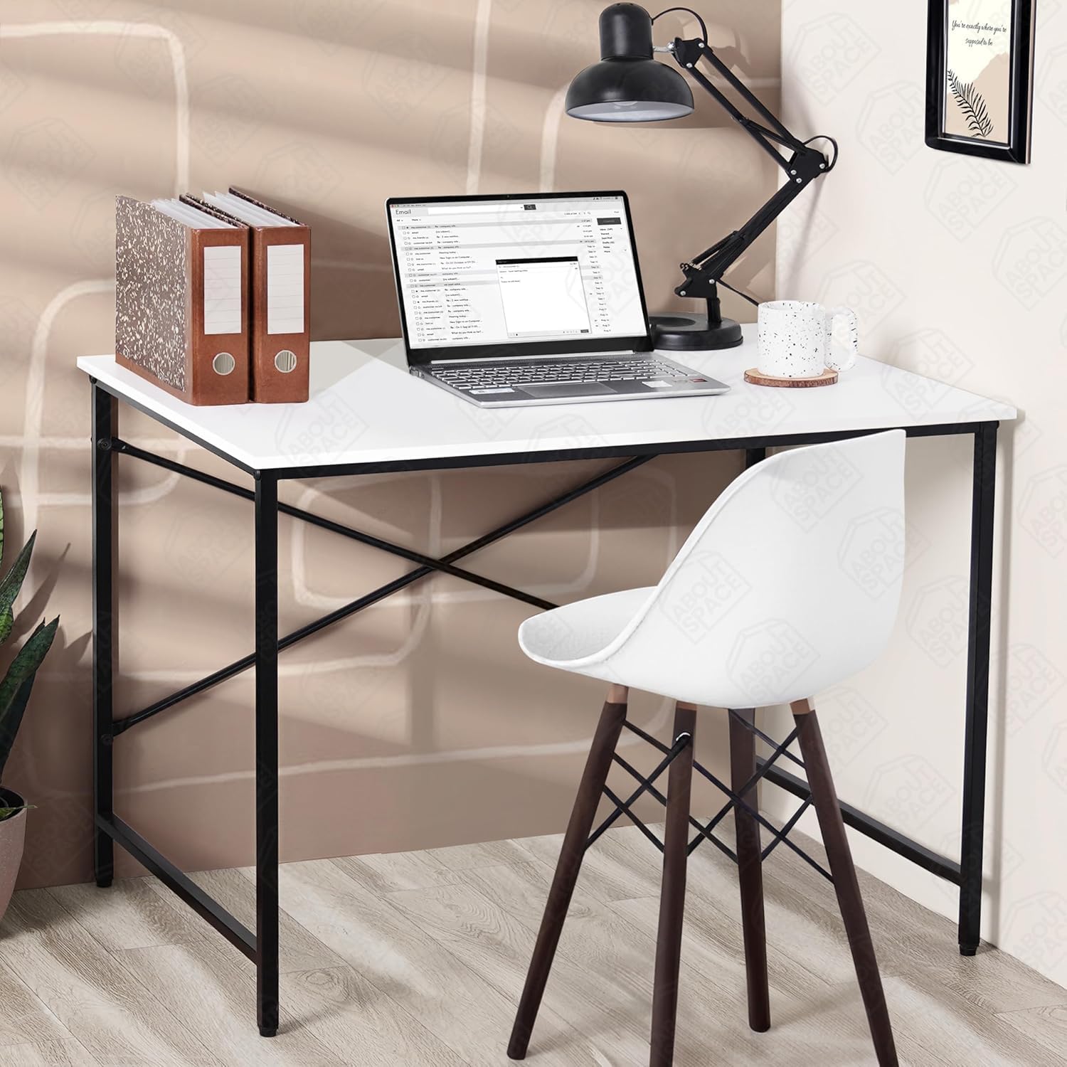 Modern Home Office Study Table with Spacious Wooden Top, Heavy-Duty Black Metal Frame and Cross-Brace Support | Multipurpose Laptop, Computer, Writing and Work Desk-image-39