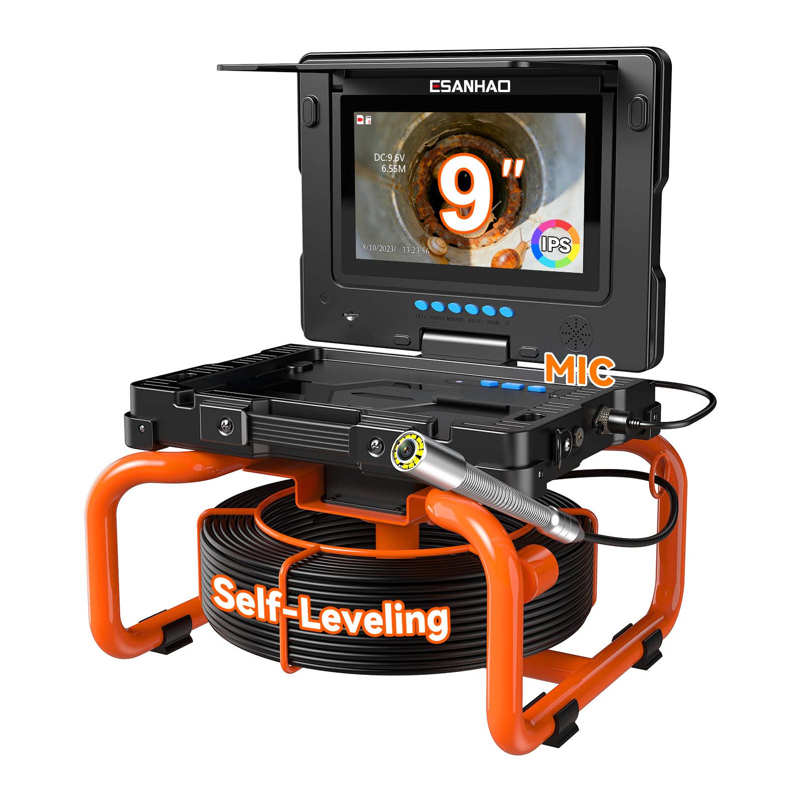 Telecamera Ispezione Tubazioni con Schermo IPS 9'', Camera Fognature Autolivellante con Contatore Distanza, HD 1080P Endoscopio per Tubi con Registrazione Video e Audio, 32 GB (9''-23MM/100FT)