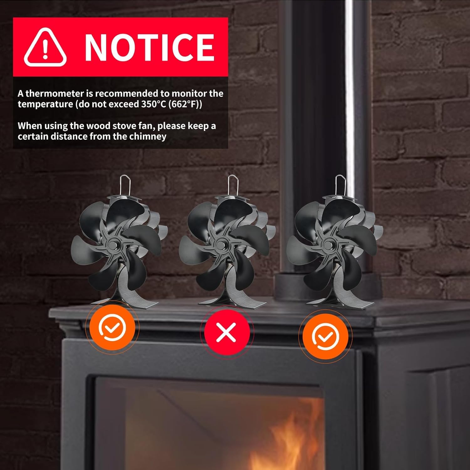 Solace Ventilatore per stufa a legna, ventilatore per camino a 6 foglie, ventilatore per bruciatore a legna ecologico e a risparmio energetico, funzionamento silenzioso, con termometro
