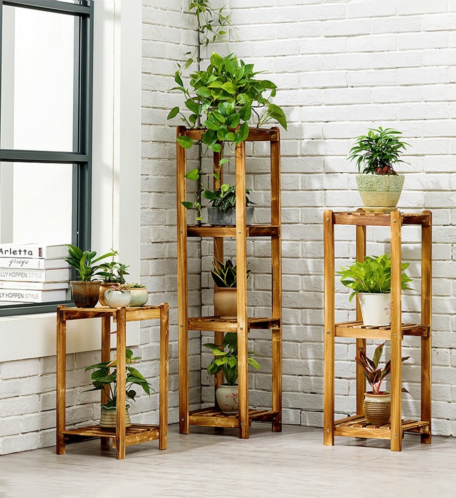 Portafiori in Legno con Ruote Stile Rustico Supporto per Piante in Legno