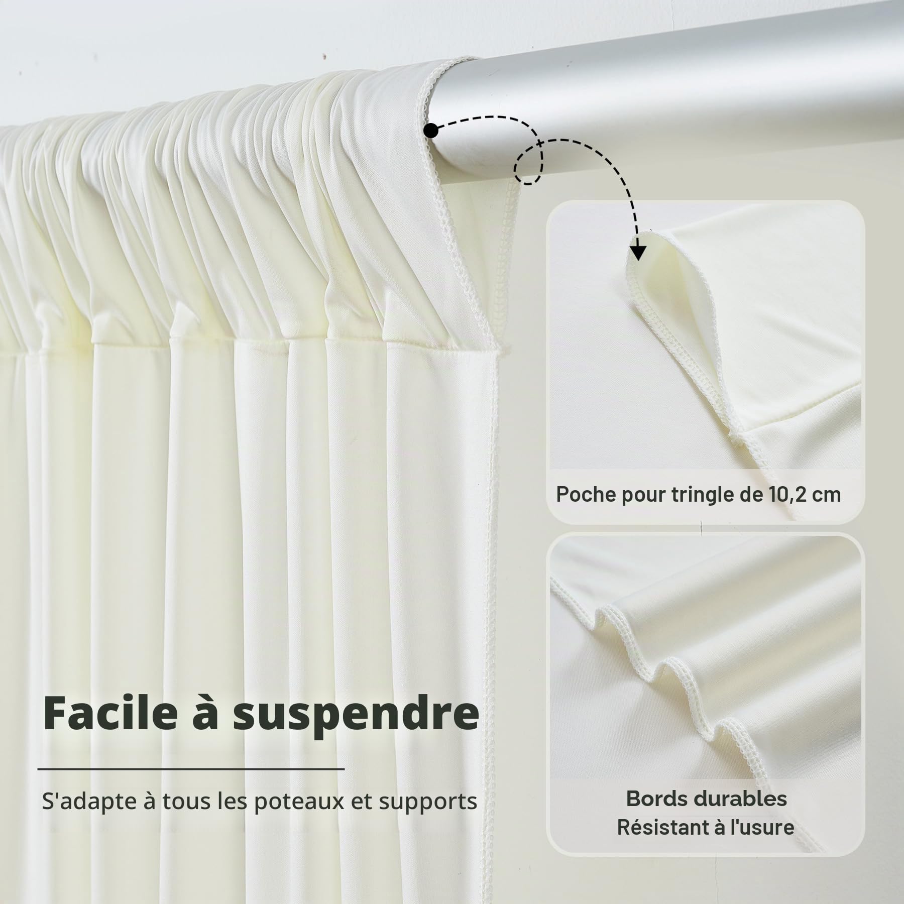 NSSONBEN Toile de fond sans plis de 15,2 m x 2,4 m en ivoire pour les fêtes, 10 panneaux de 1,5 m x 2,4 m en polyester soyeux pour mariage, toile de fond pour photographie de baptême et d’anniversaire
