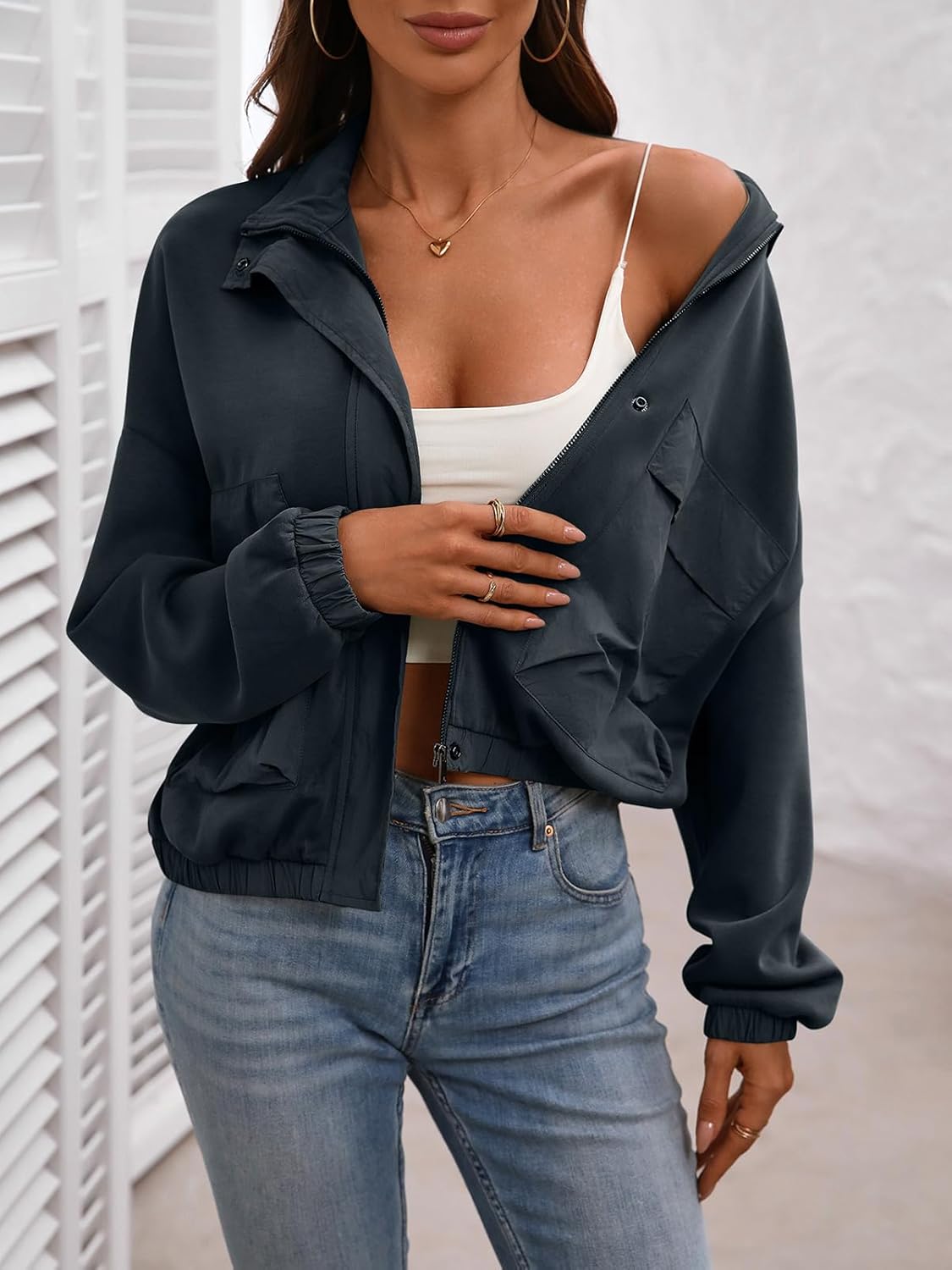 FLYCURVY Women's Cropped Oversized Safari Jackets Zip Up Stand Collar Neck Long Sleeve Utility Anorak jacket with Pocket - Image 2