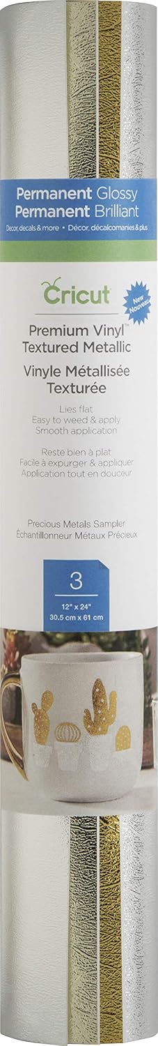 Cricut Textured Metallic Vinyl Sheets, 12” x 24” (3), Adhesive Decal Roll - Precious Metals Sampler - Gold, Silver, Platinum