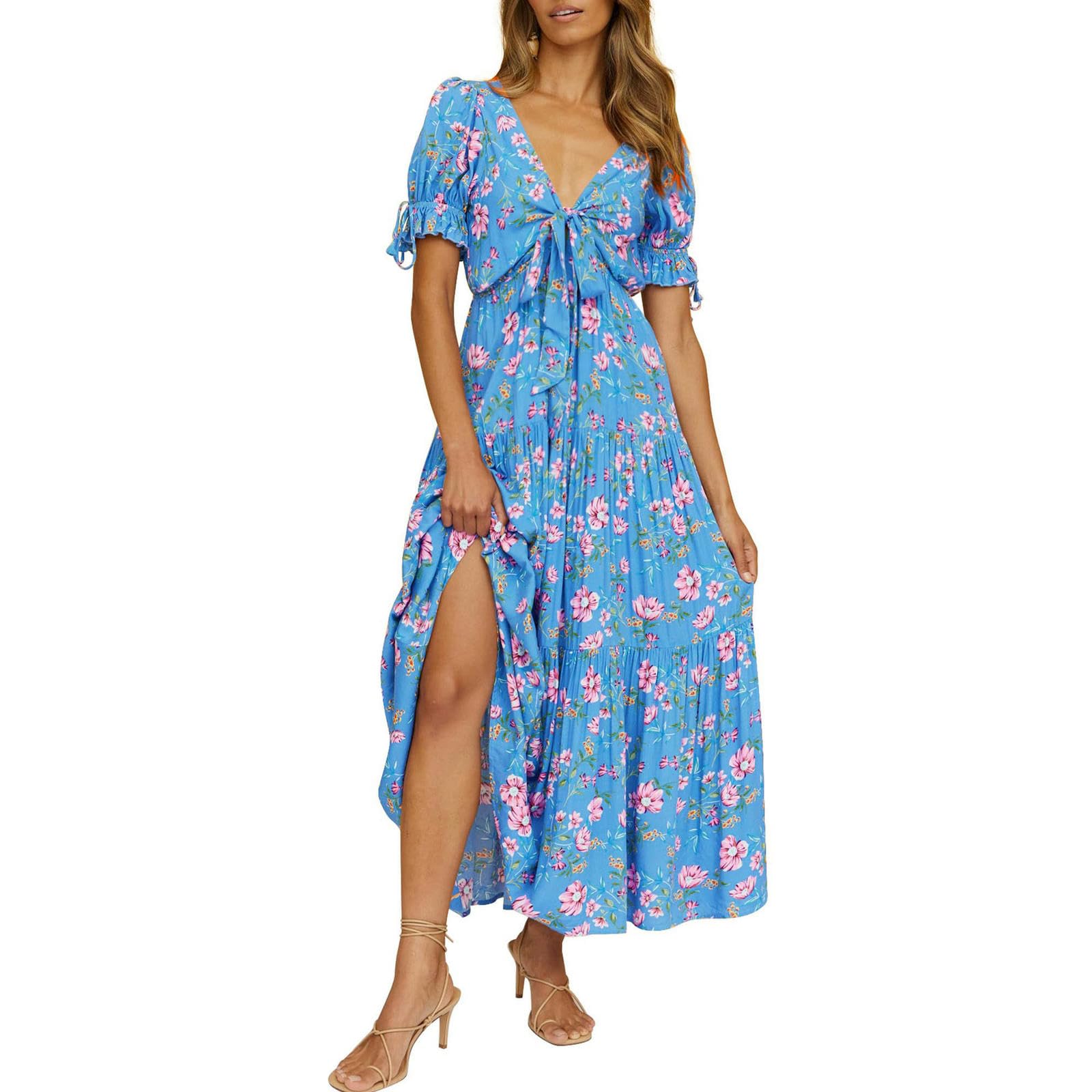 Robe bohème col en v imprimé fleuri chic pour été