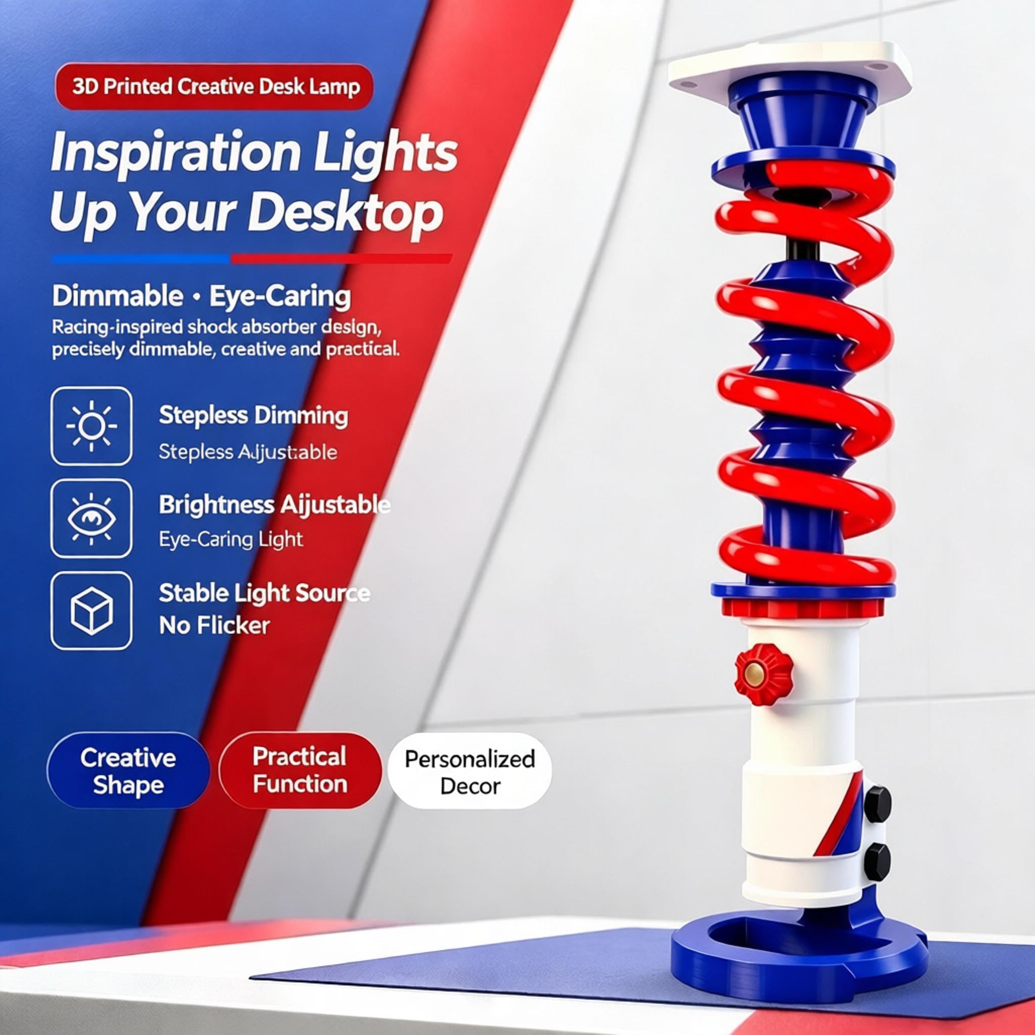 Lampa stołowa z amortyzatorem z nadrukiem 3D, lampa biurkowa sprężynowa spiralna, 3 regulowane poziomy, temperatura barwowa 3800k ± 200 k, oświetlenie 360°, z zegarem cyfrowym, do