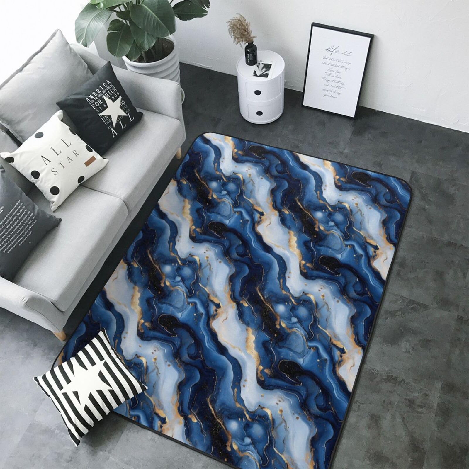 Tapis doux de salon bleu et doré 203x147 cm pour réchauffer un sol froid de chambre