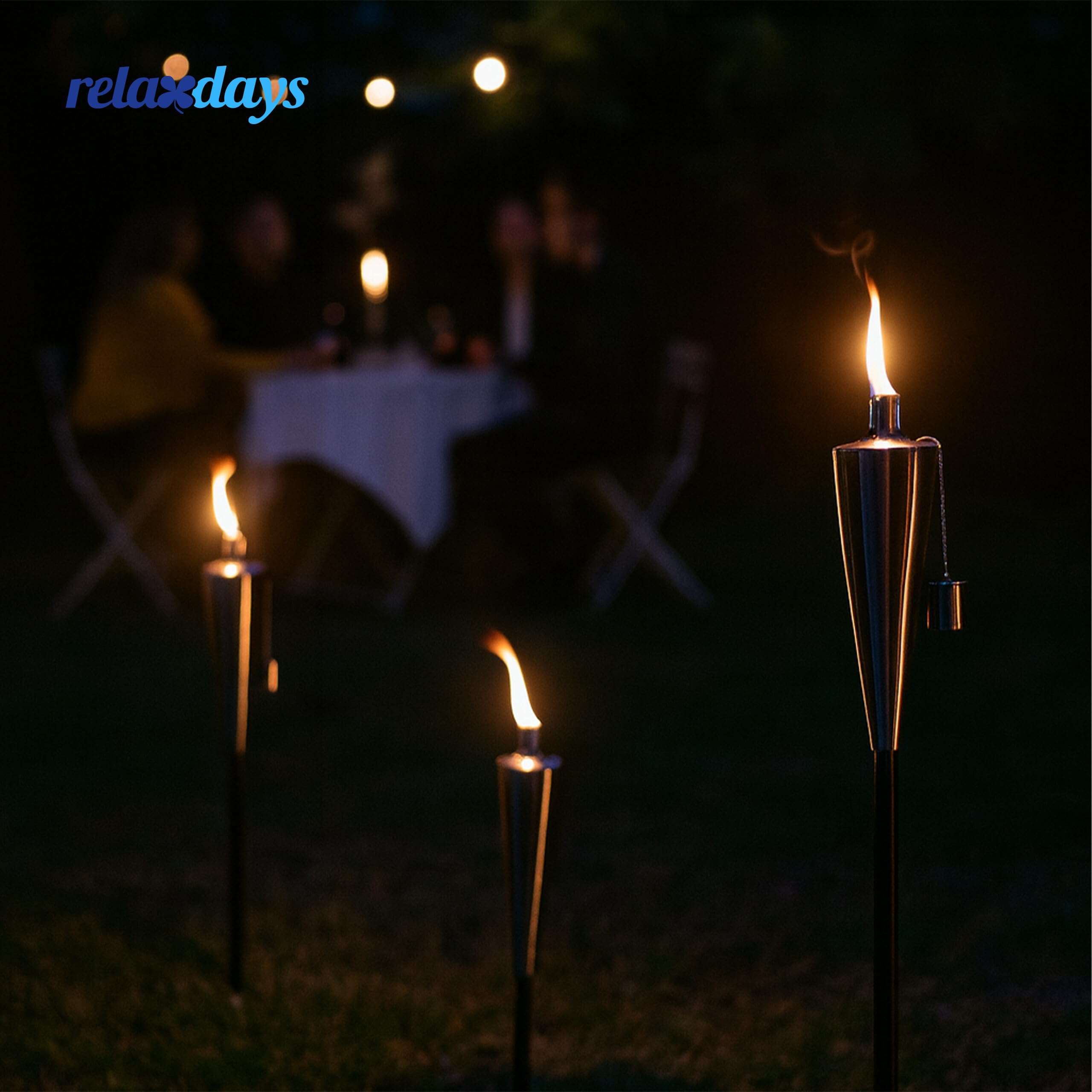 Relaxdays Gartenfackeln 3er Set, Edelstahl, Ölfackeln für draußen, Variable Höhe, Ersatzdochte, Löscher, Silber/schwarz