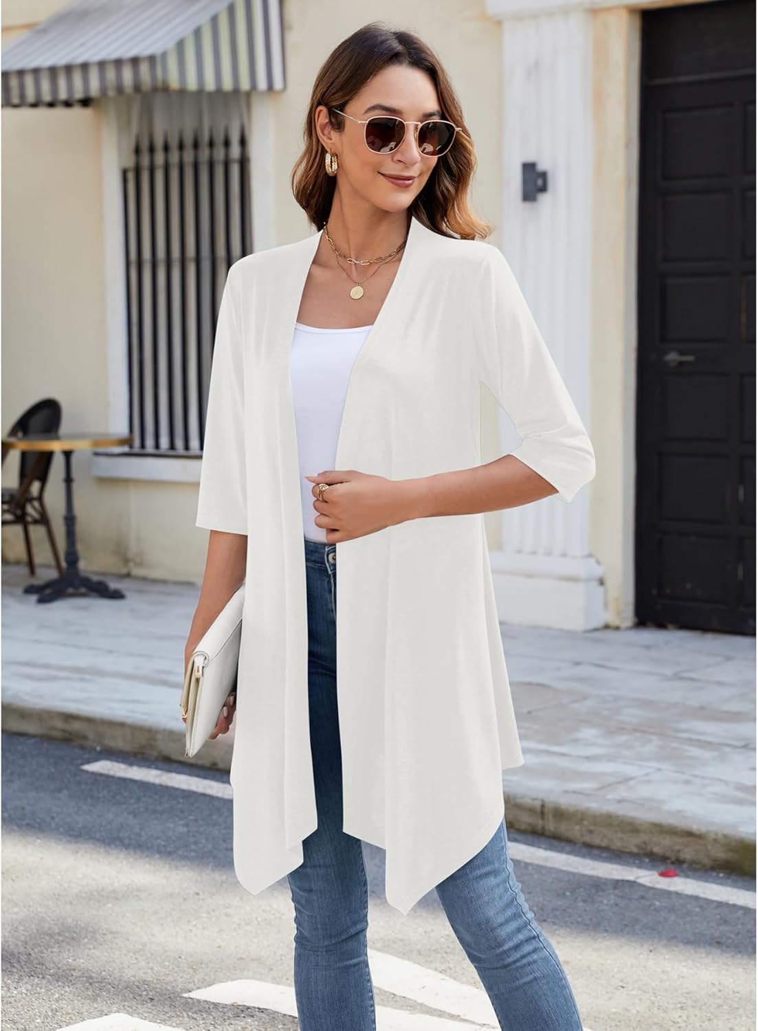 Women's Open Front Cardigan Lightweight Soft Knit 3/4 Sleeve High-Low Draped Hem Loose Casual Duster - Image 2