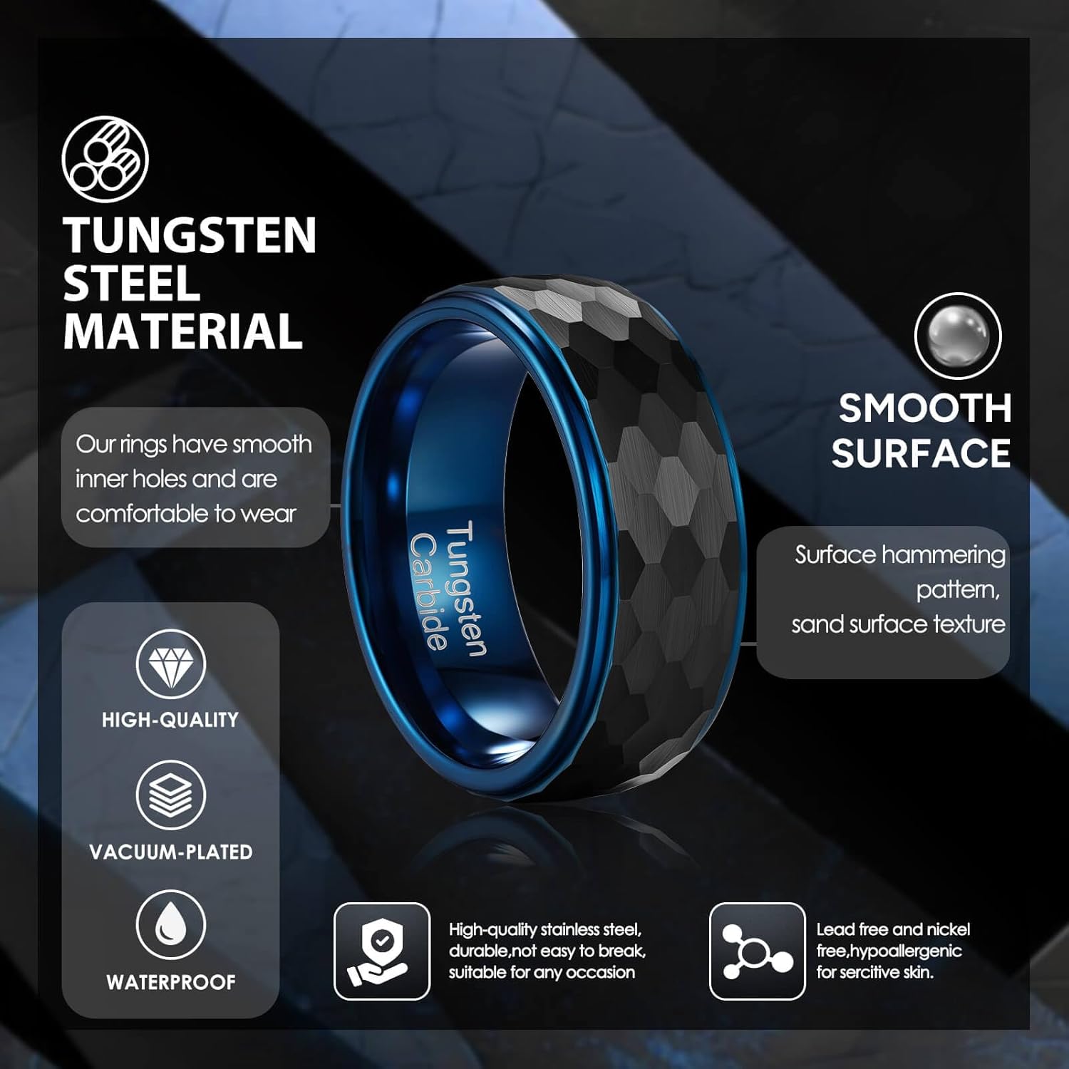 Men's Tungsten Wedding Ring - 8mm Tungsten Ring, Comfortable Fit, Center Groove, Fashionable Gold Blue Black, Suitable for Grooms