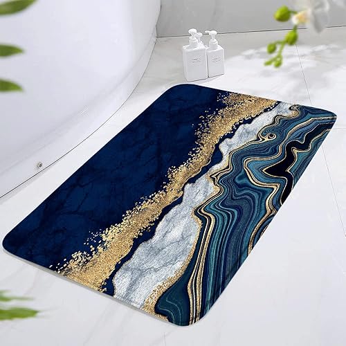 Miniatura 2 de Tapete de baño de mármol azul marino, dorado, gris, abstracto, arte moderno, textura de tinta, piedra, moda, alfombra de baño, alfombra de puerta de
