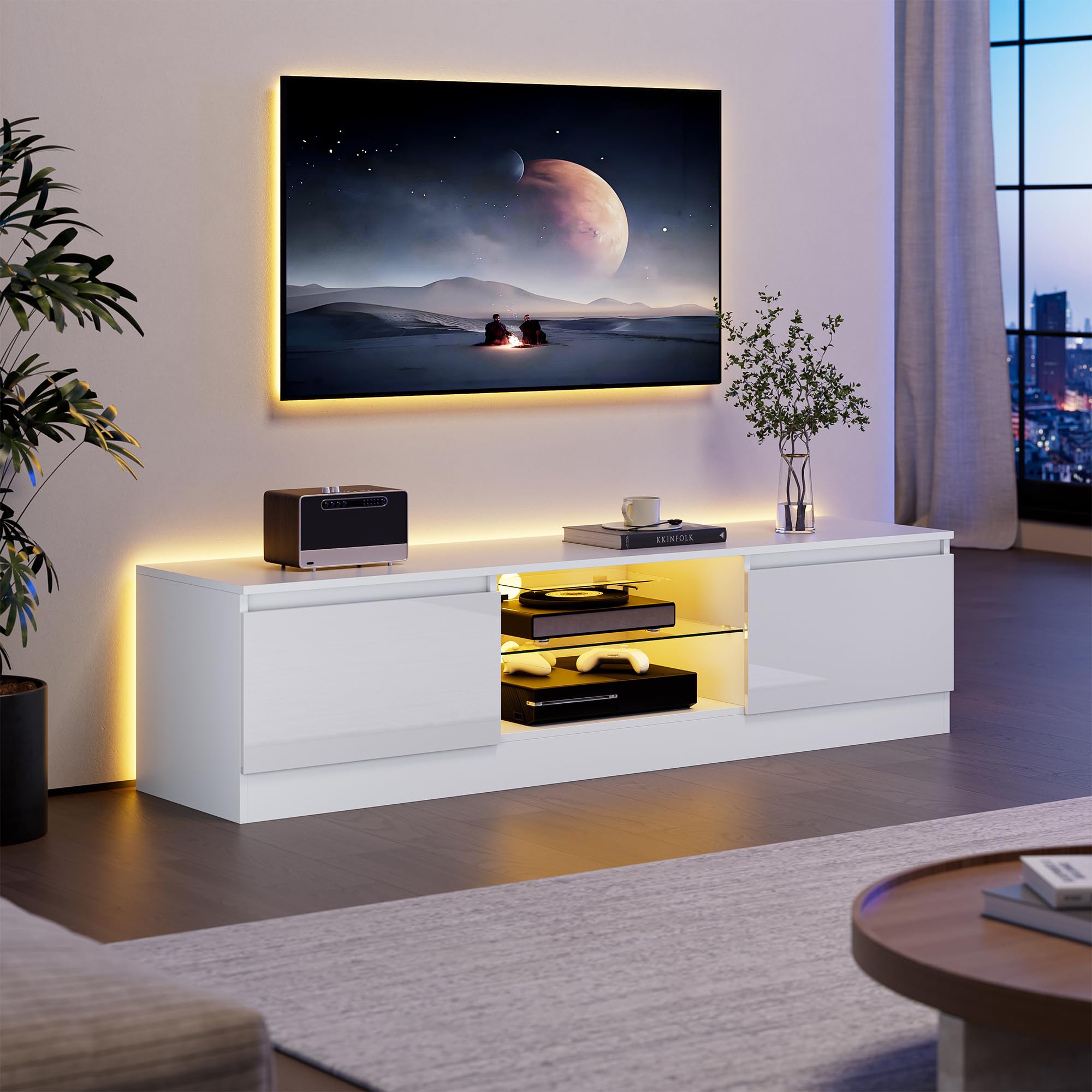 160 cm TV Schrank für Fernseher bis zu 70 Zoll, TV Board mit 16 Farben LED Beleuchtung und 2 Türen, Lowboard Stehend, Fernsehtisch für Schlafzimmer, Wohnzimmer, Esszimmer (Weiß)