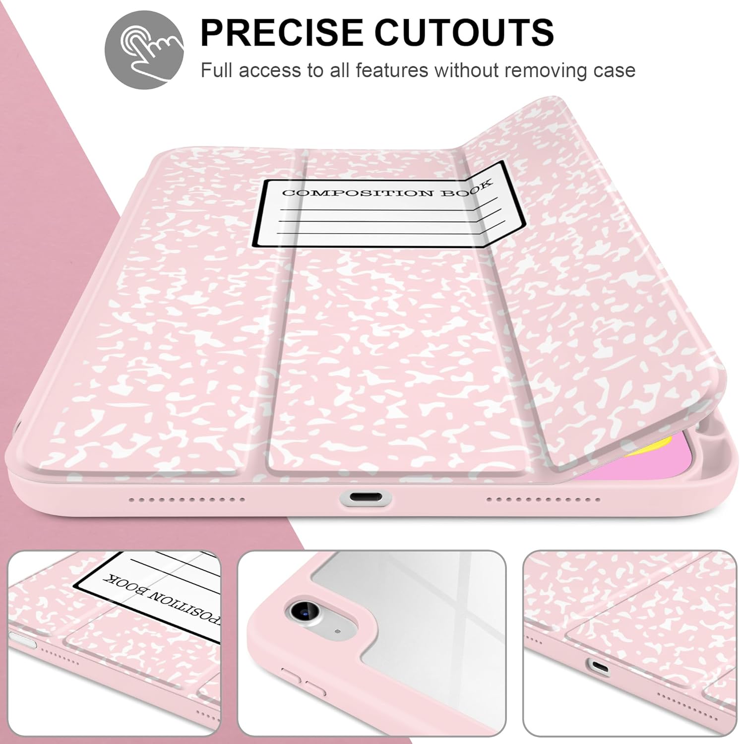 MEEgoodo Case for iPad Air 11 inch M4 2026/M3 2025/M2 2024, for iPad Air 5th/4th Generation Case 10.9 inch 2022/2020, Tablet Cover with Acrylic Transparent Back Shell, Pink Composition Book