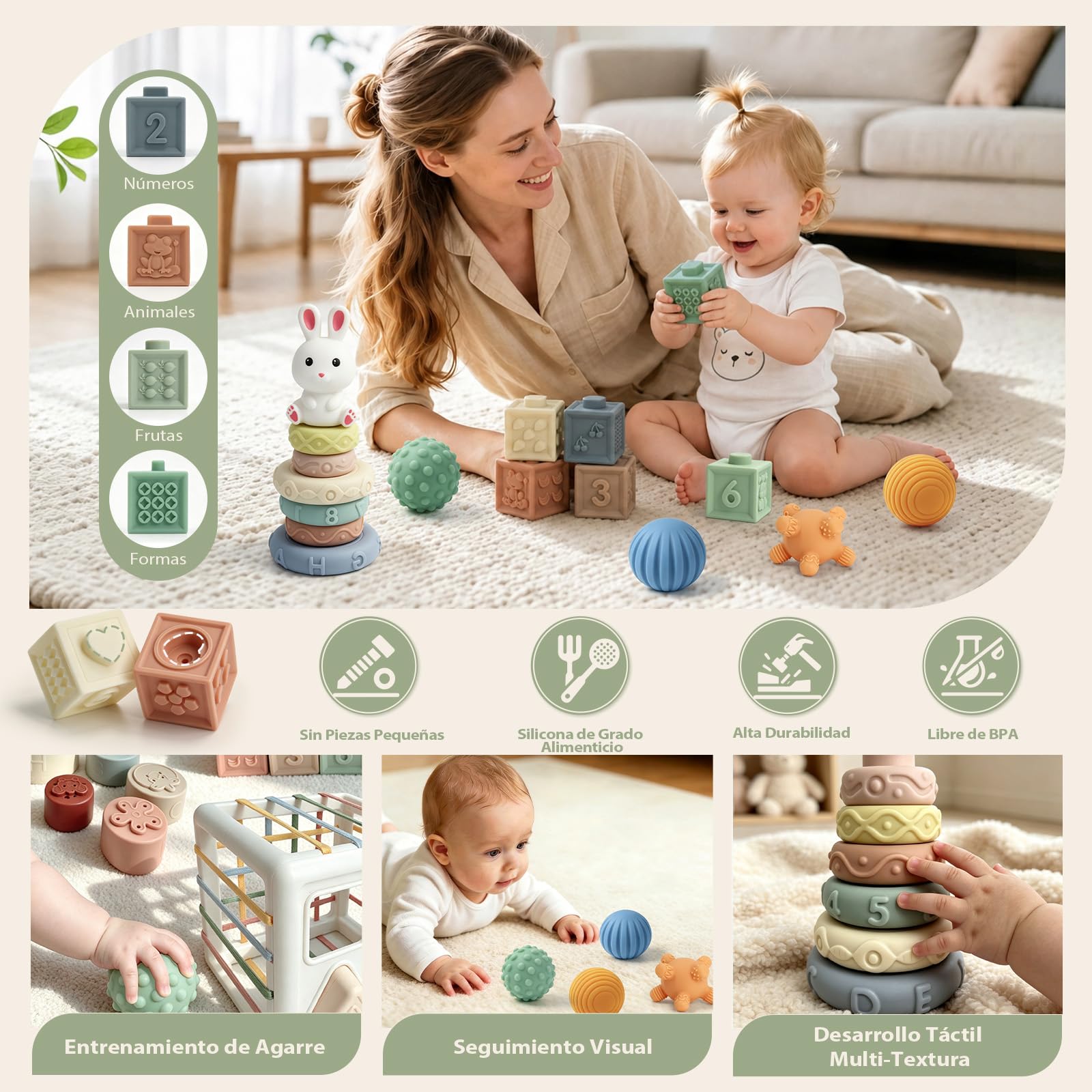 Anook Juguetes Montessori Bebes 6-12 Meses,6 en 1 Juguetes Bebe 6 8 9 Meses | Juguetes Sensoriales,Caja Pañuelos Bebe,Juguete Apilables,Caja de Clasificación,Pelotas Sensoriales,Regalo Bebe 6-12 Meses