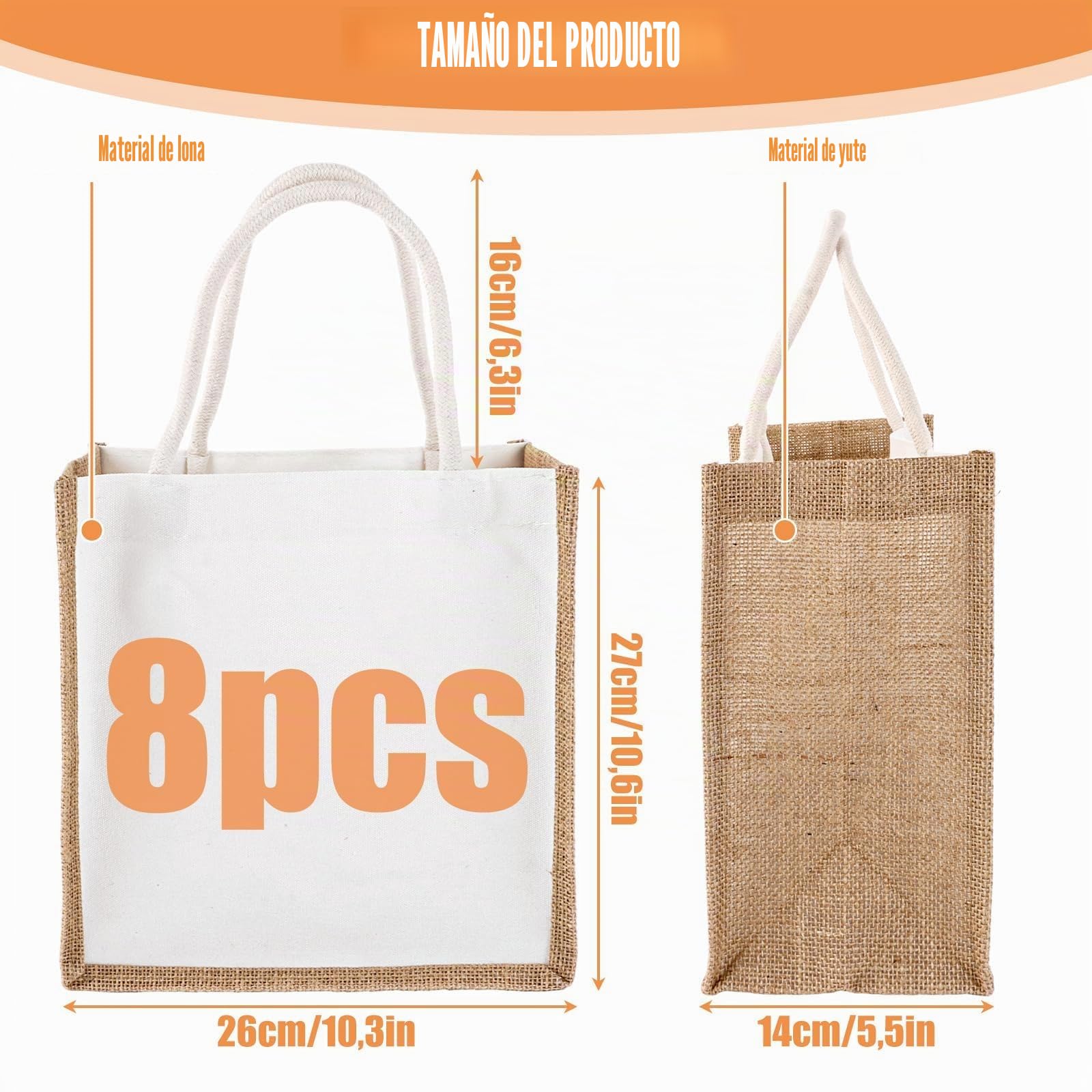 YAYODS 8 bolsas de yute para la compra, 26 x 14 x 27 cm, bolsa muerta para jubilados, regalo de mujer, bolsa de trazado personalizada, bolsas de regalo de yute reutilizables con asas para manualidades
