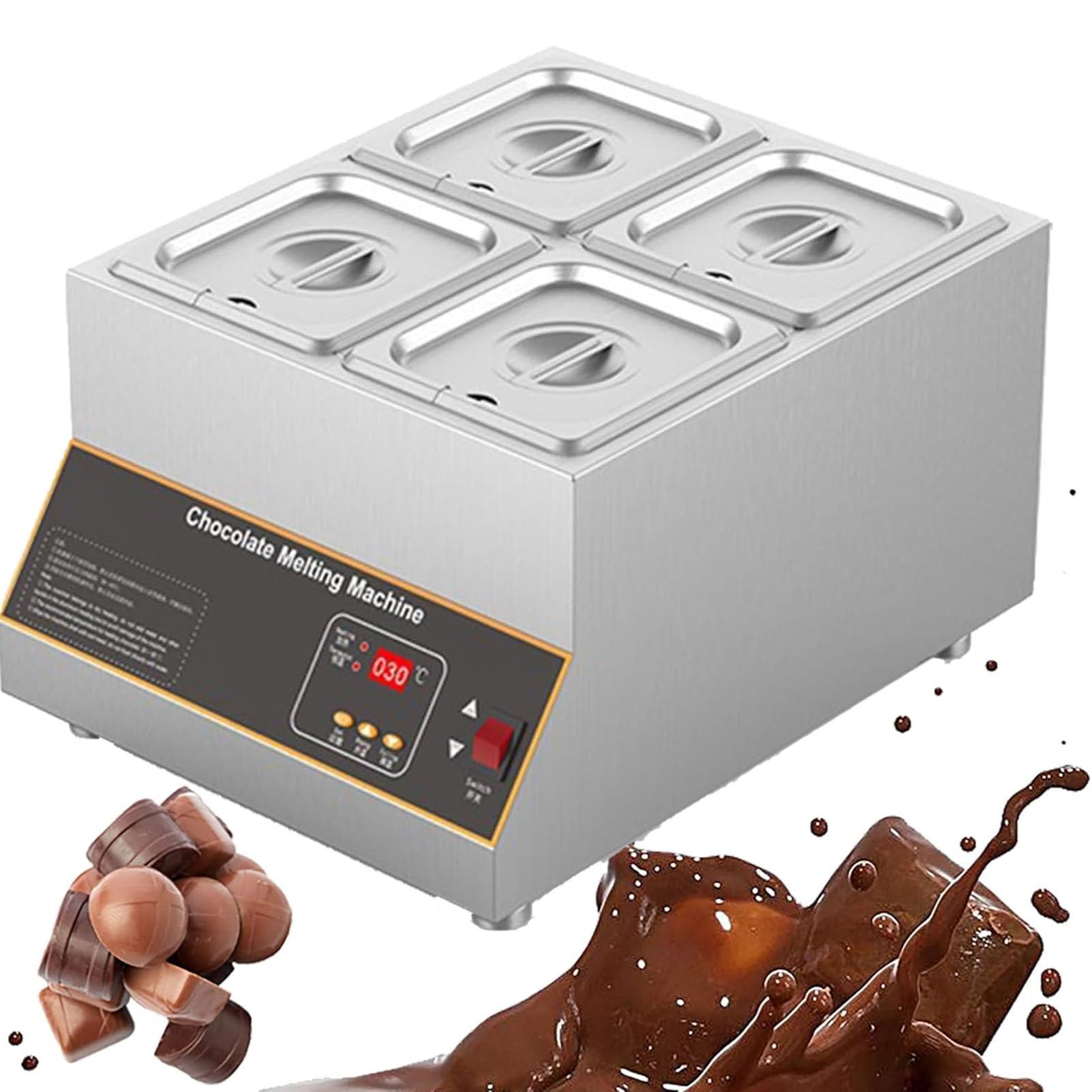 Tempéreuse à Chocolat électrique 500 W, température réglable de 0 à 85 °C, cuve chauffante en Acier Inoxydable 1/2/4 pour Chauffer Le Beurre, la crème et Le Lait. Four-Cylinder