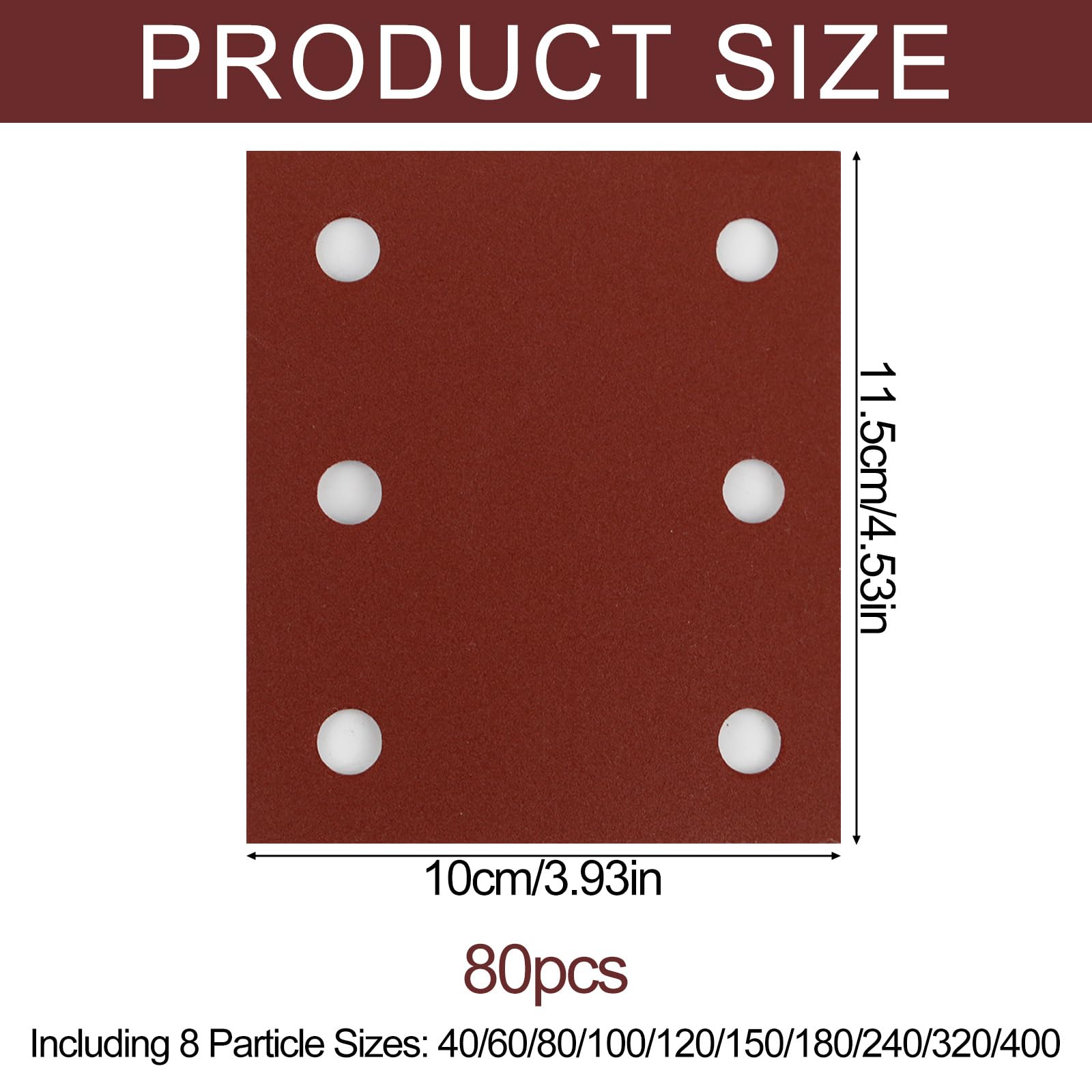 100 Carta Vetrata per Legno, 6 Fori Carta Abrasiva per Levigatrice, 10 Tipi | Rettangolare Fogli Carta Vetrata Grana Fine, 115x101mm, P40/60/80/100/120/150/180/240 320/400, per Metallo, Carrozzeria