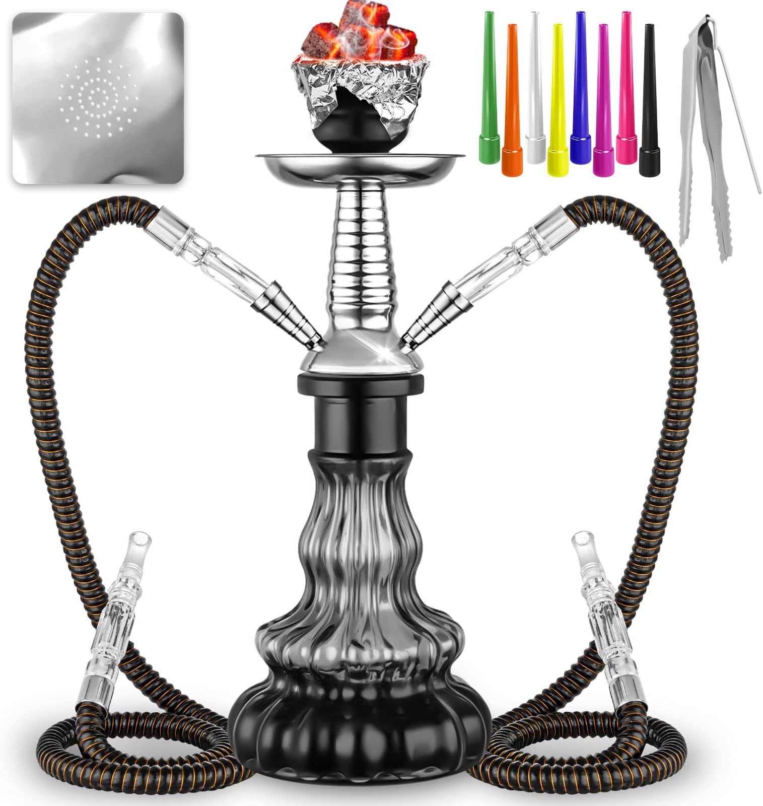 Hookah Set 2 Hose 11.5'' Shisha Hookah Set With Everything - Glass Hookah Vase, Hookah Foil And Disposable Hookah Tips (Black)