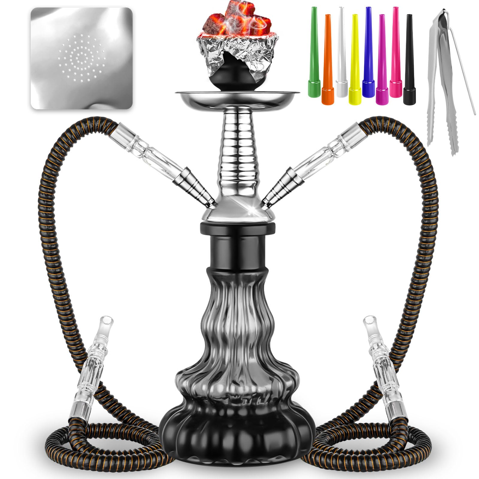 Hookah Set 2 Hose 11.5'' Shisha Hookah Set With Everything - Glass Hookah Vase, Hookah Foil And Disposable Hookah Tips (Black)