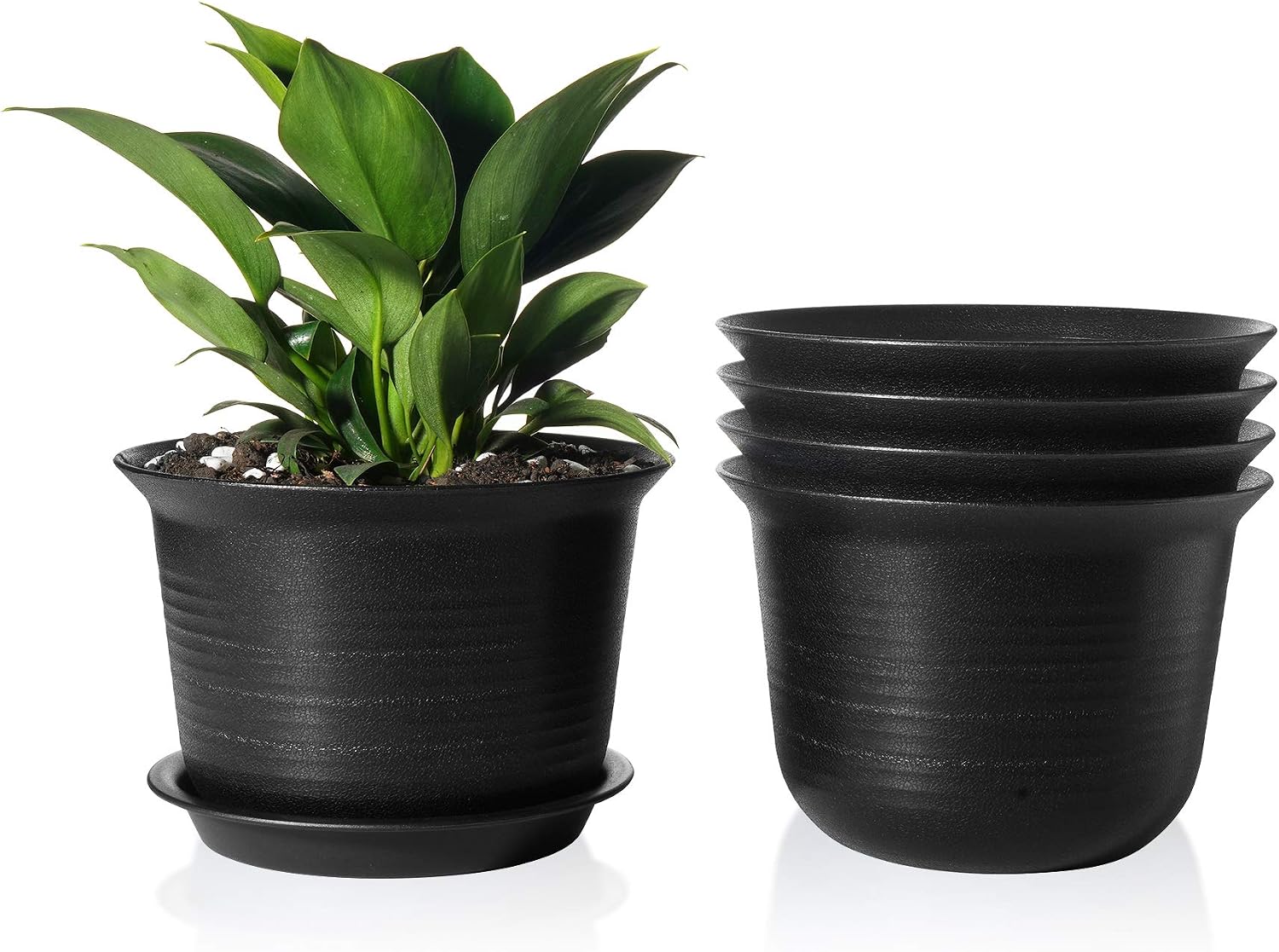 POTEY Plastic Pot 7 Inch Indoor Planter with Drainage Hole and Trays for All House Plants - 007, Set of 5, Black
