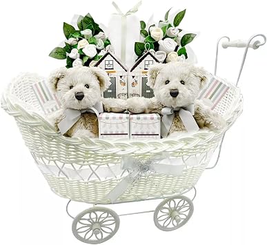 Pram Gift Hamper Basket, New Born Baby Boy/Girl Gift Storage Hamper Baby Shower Party Decoration New Mum to Be Gifts Empty Basket Toy Clothes Baby Accessorise Christmas Birthday Present White
