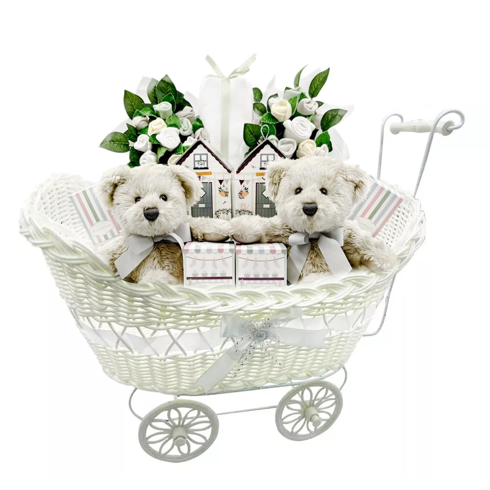 Pram Gift Hamper Basket, New Born Baby Boy/Girl Gift Storage Hamper Baby Shower Party Decoration New Mum to Be Gifts Empty Basket Toy Clothes Baby Accessorise Christmas Birthday Present (White)